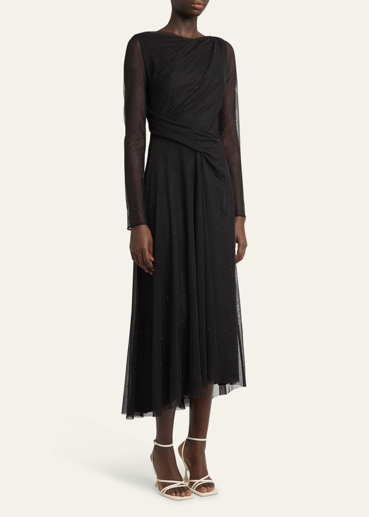 Talbot Runhof Crystal Tulle Sheer-Sleeve Midi Dress Image 4 of 5