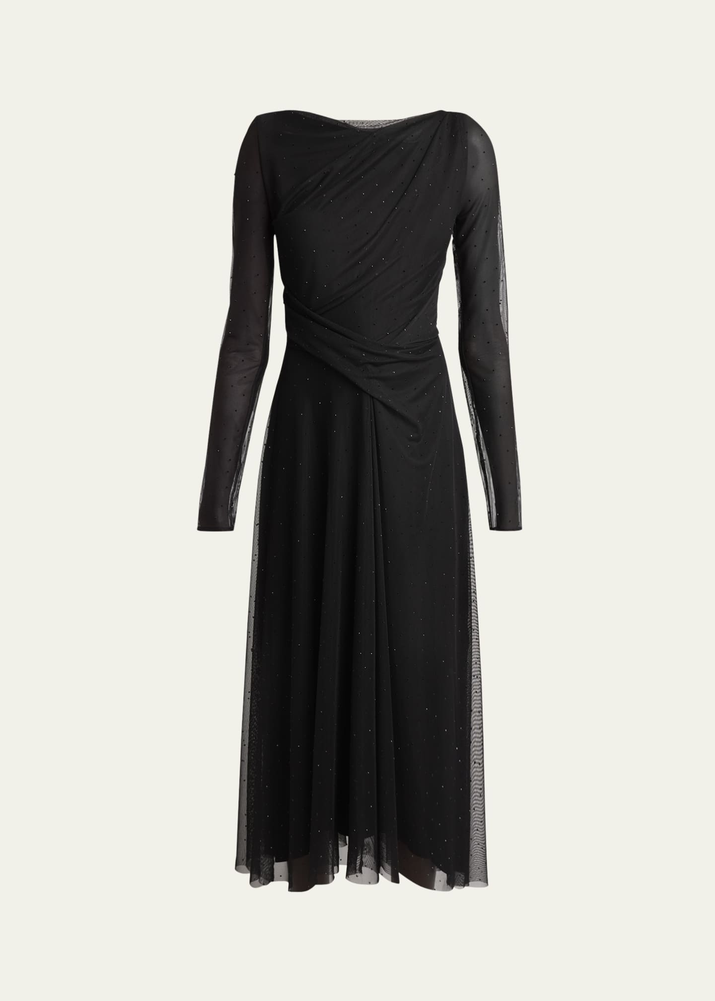 Talbot Runhof Crystal Tulle Sheer-Sleeve Midi Dress Image 1 of 5