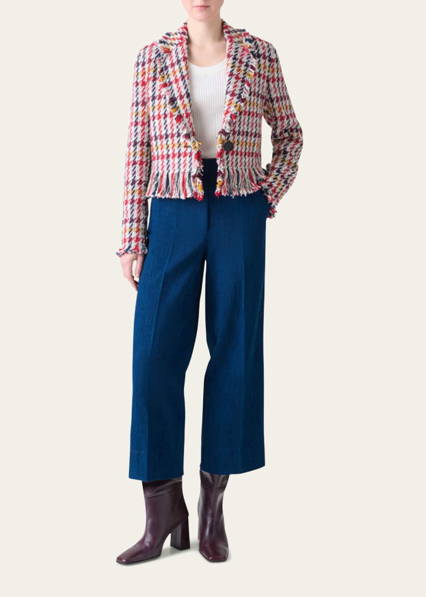 Akris punto Cropped Checked Tweed Jacket with Maxi Fringe