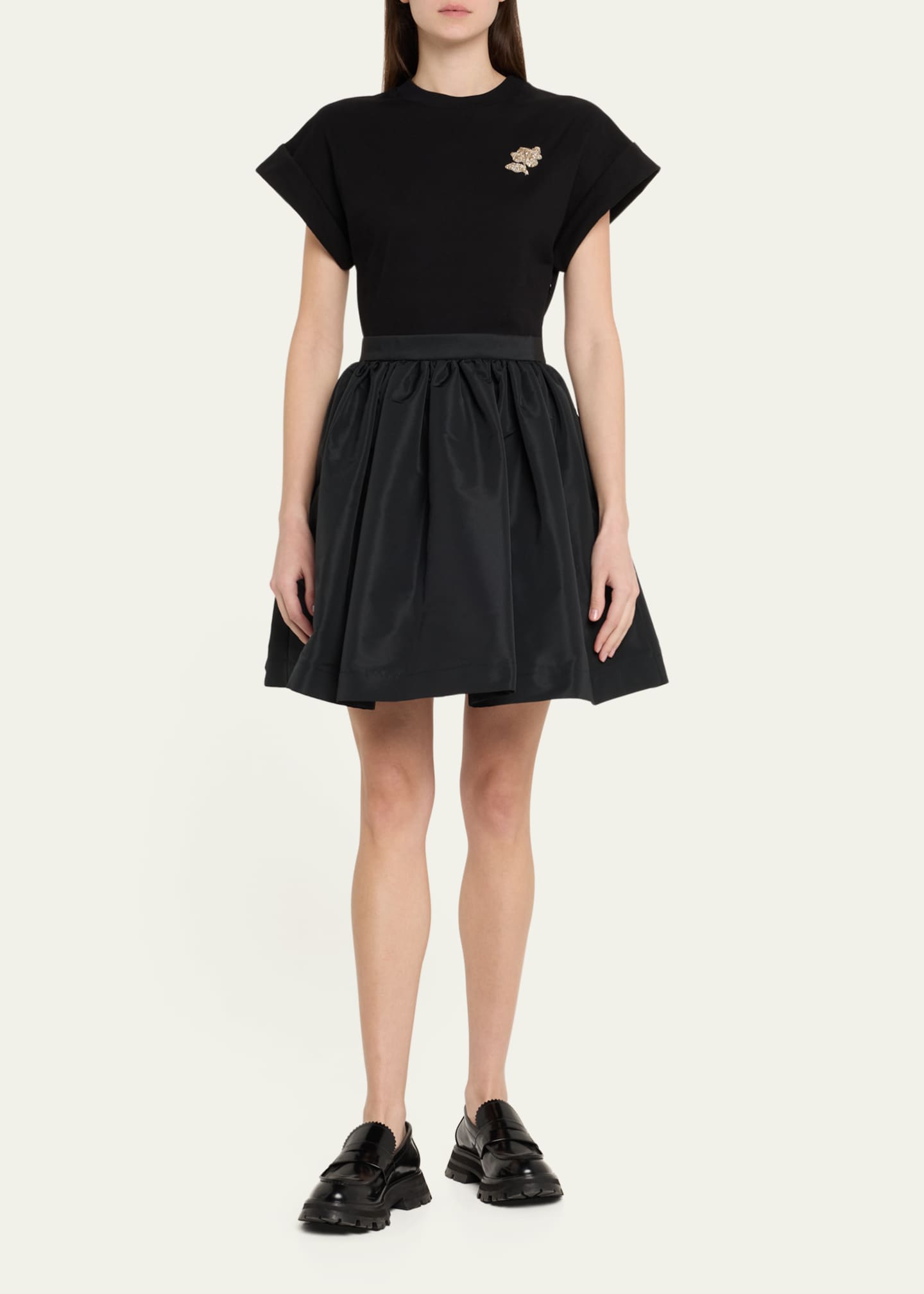 McQueen Crystal Flower Short-Sleeve Flare Mini Dress Image 2 of 5