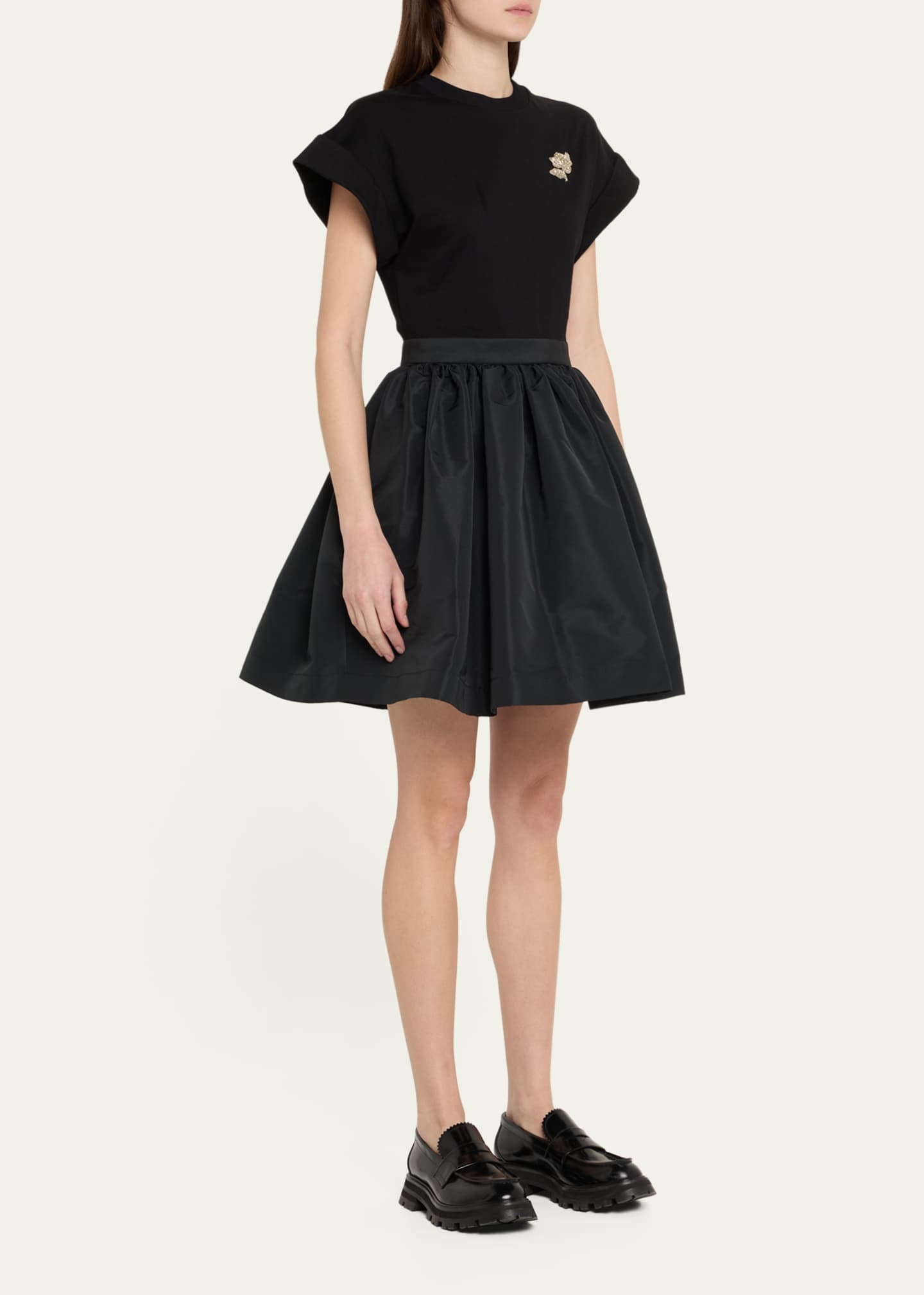 McQueen Crystal Flower Short-Sleeve Flare Mini Dress Image 4 of 5