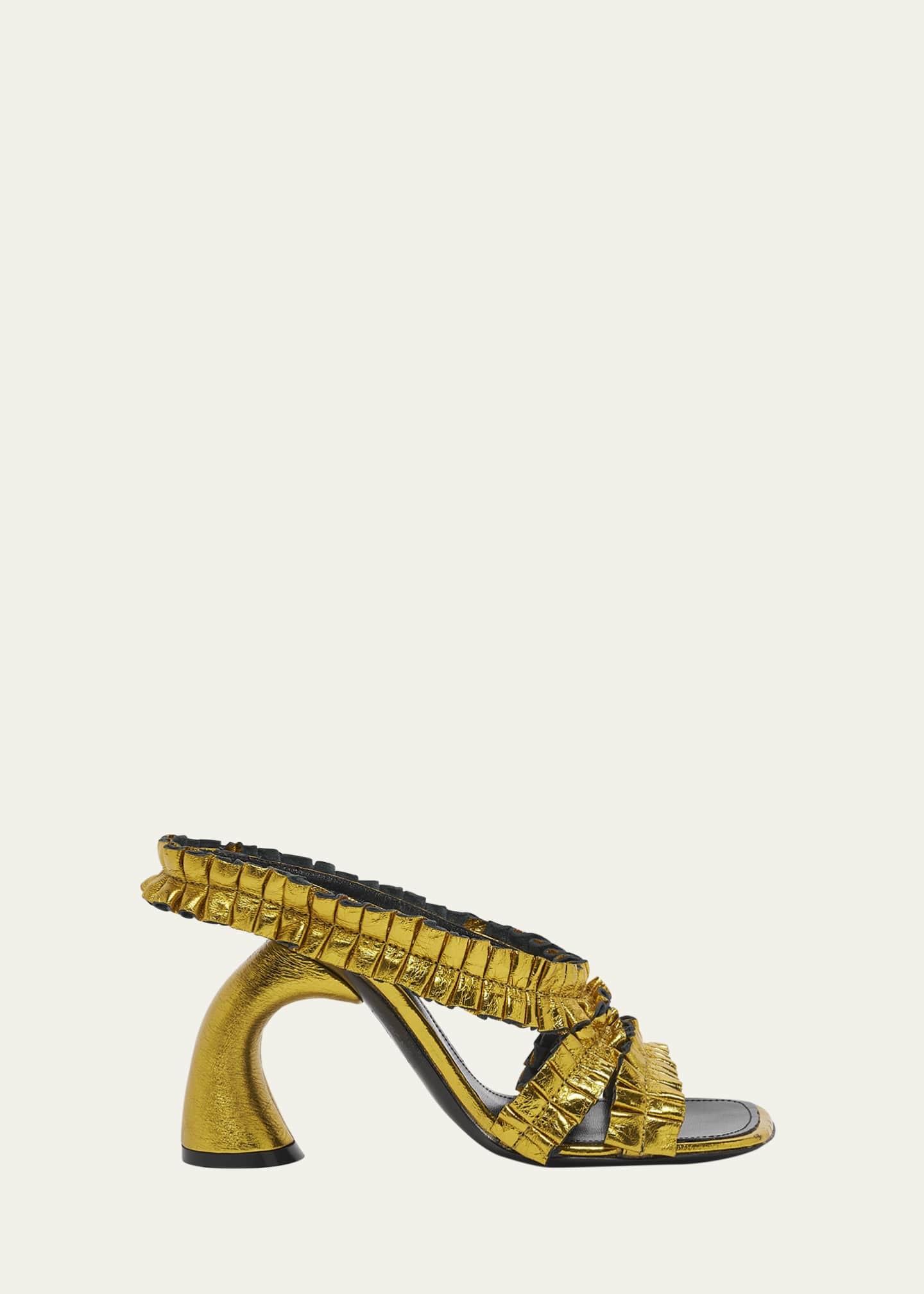 Dries Van Noten Curved-Heel Ruffled Metallic Leather Sandals Image 1 of 3
