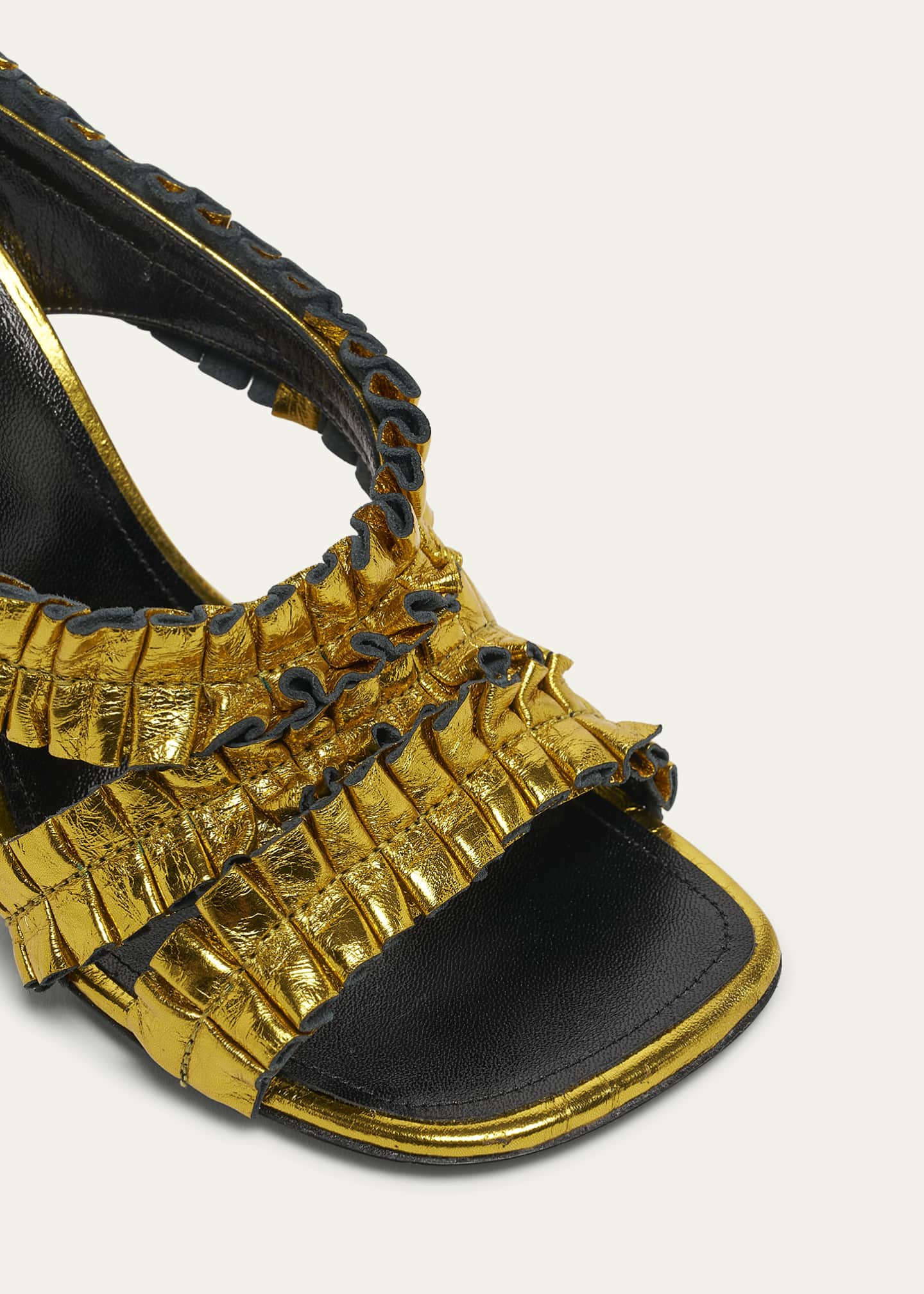 Dries Van Noten Curved-Heel Ruffled Metallic Leather Sandals Image 3 of 3