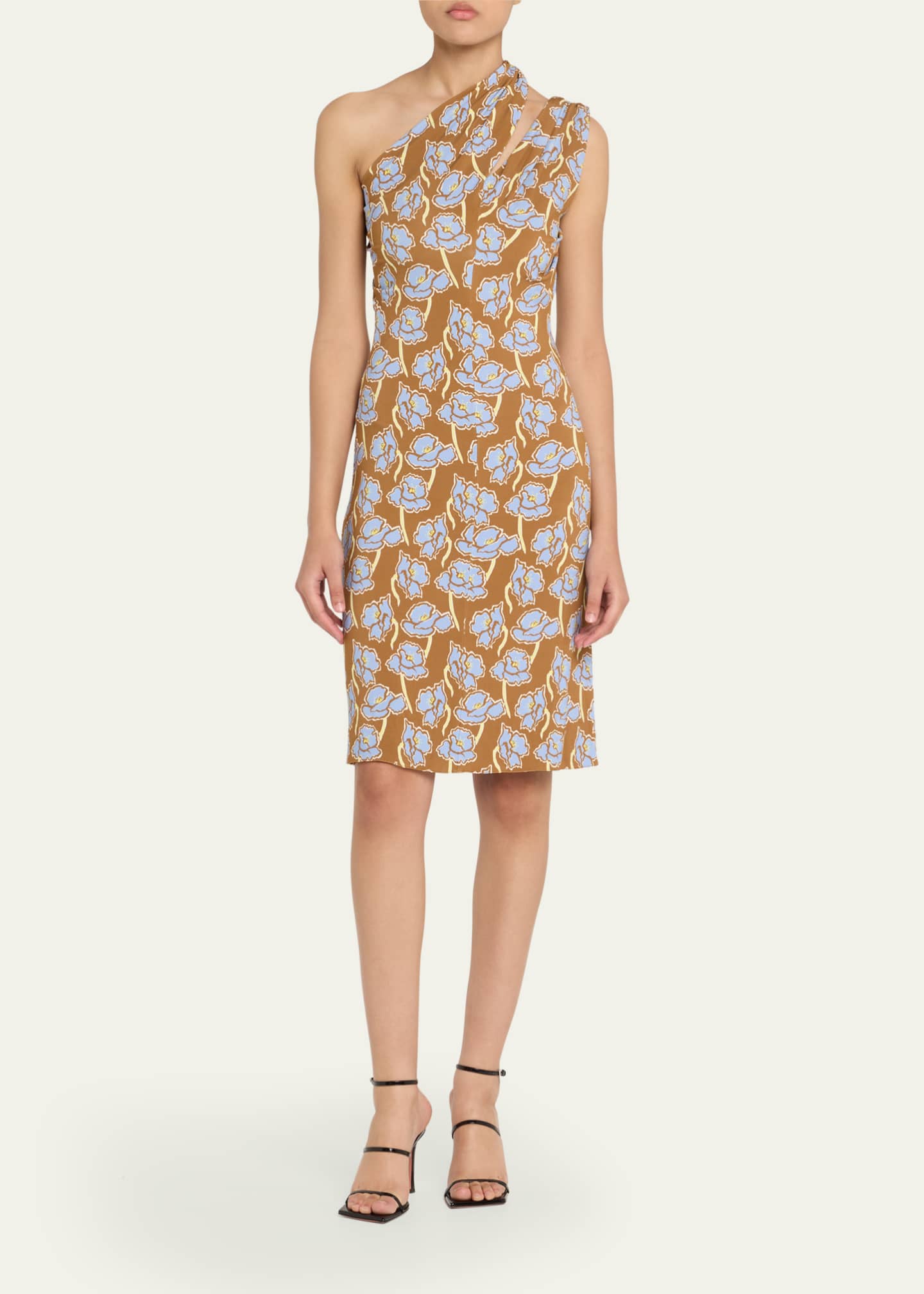 Versace Floral Print One-Shoulder Backless Crepe Cocktail Dress Image 2 of 5