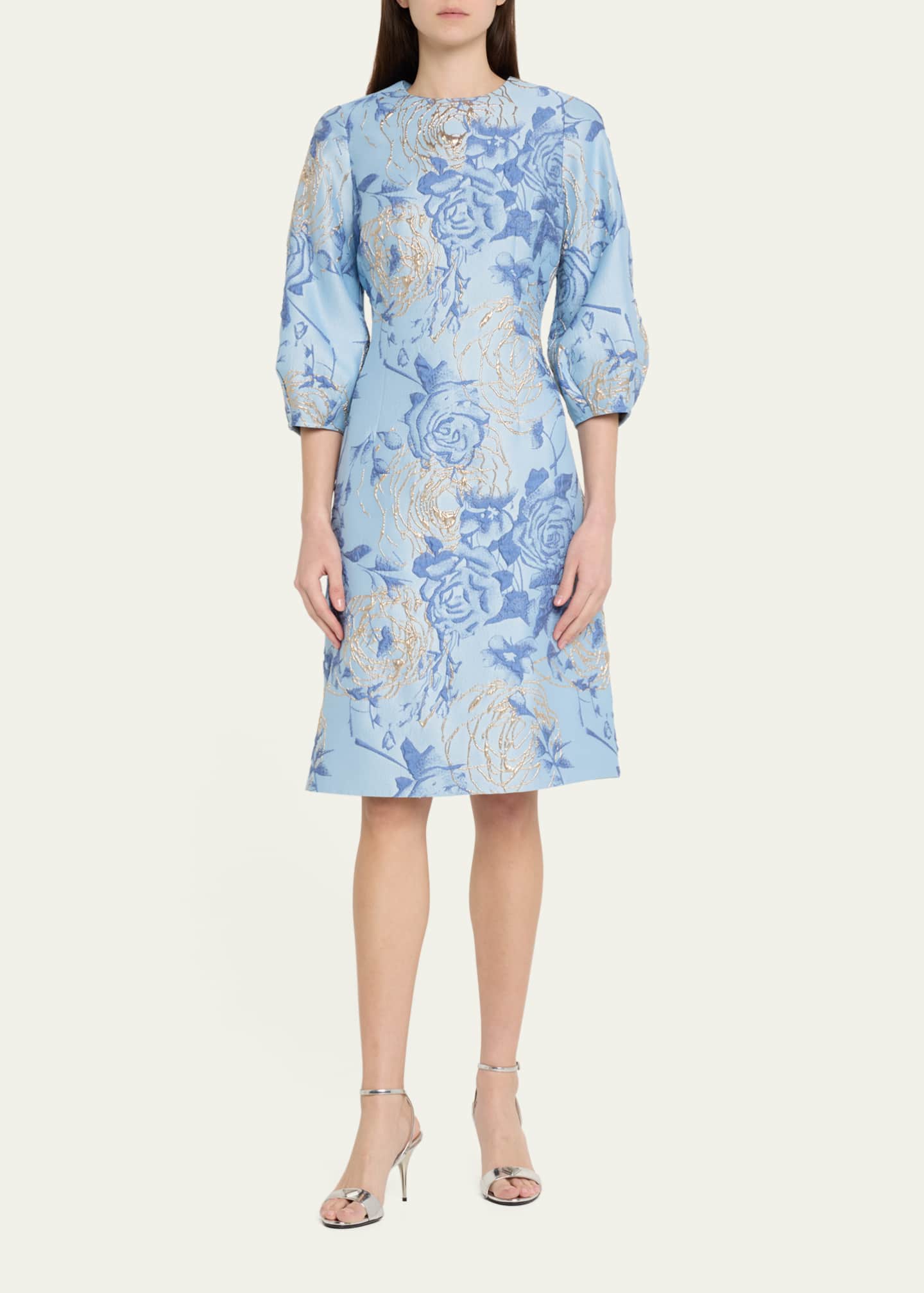 Rickie Freeman for Teri Jon Puff-Sleeve Metallic Floral Jacquard Dress Image 2 of 5