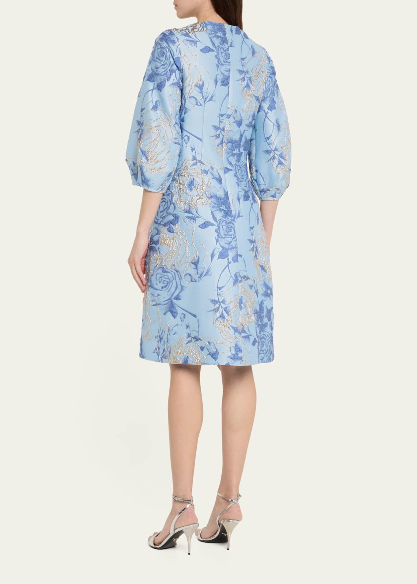 Rickie Freeman for Teri Jon Puff-Sleeve Metallic Floral Jacquard Dress Image 3 of 5