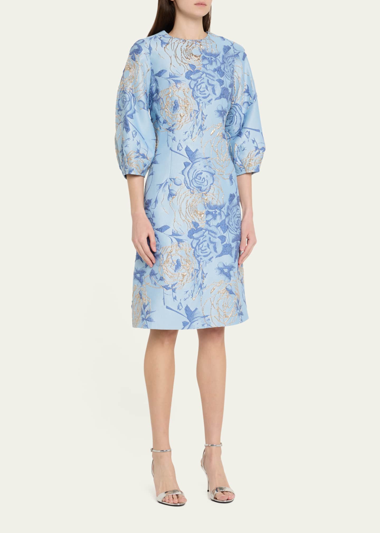 Rickie Freeman for Teri Jon Puff-Sleeve Metallic Floral Jacquard Dress Image 4 of 5