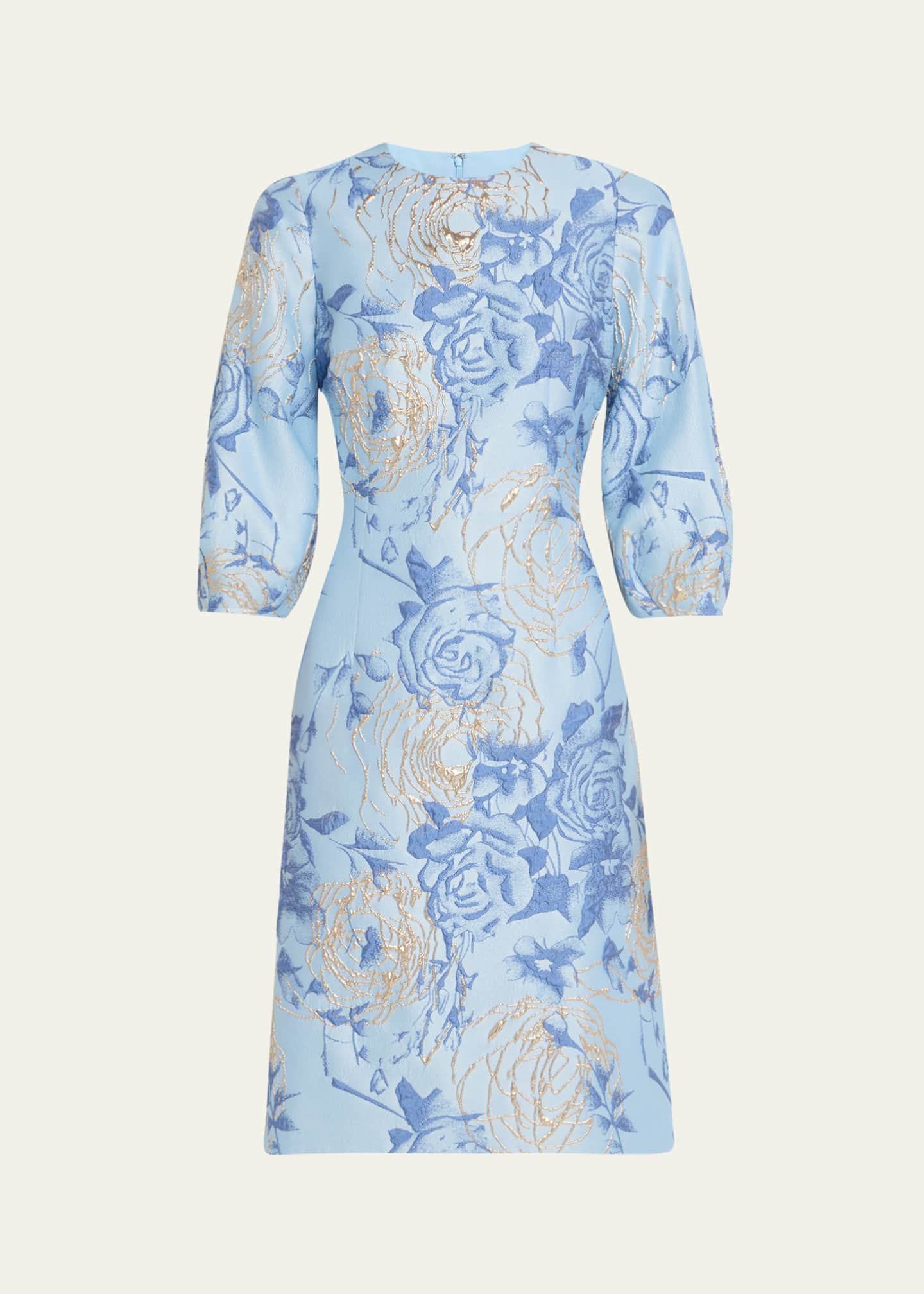 Rickie Freeman for Teri Jon Puff-Sleeve Metallic Floral Jacquard Dress Image 1 of 5