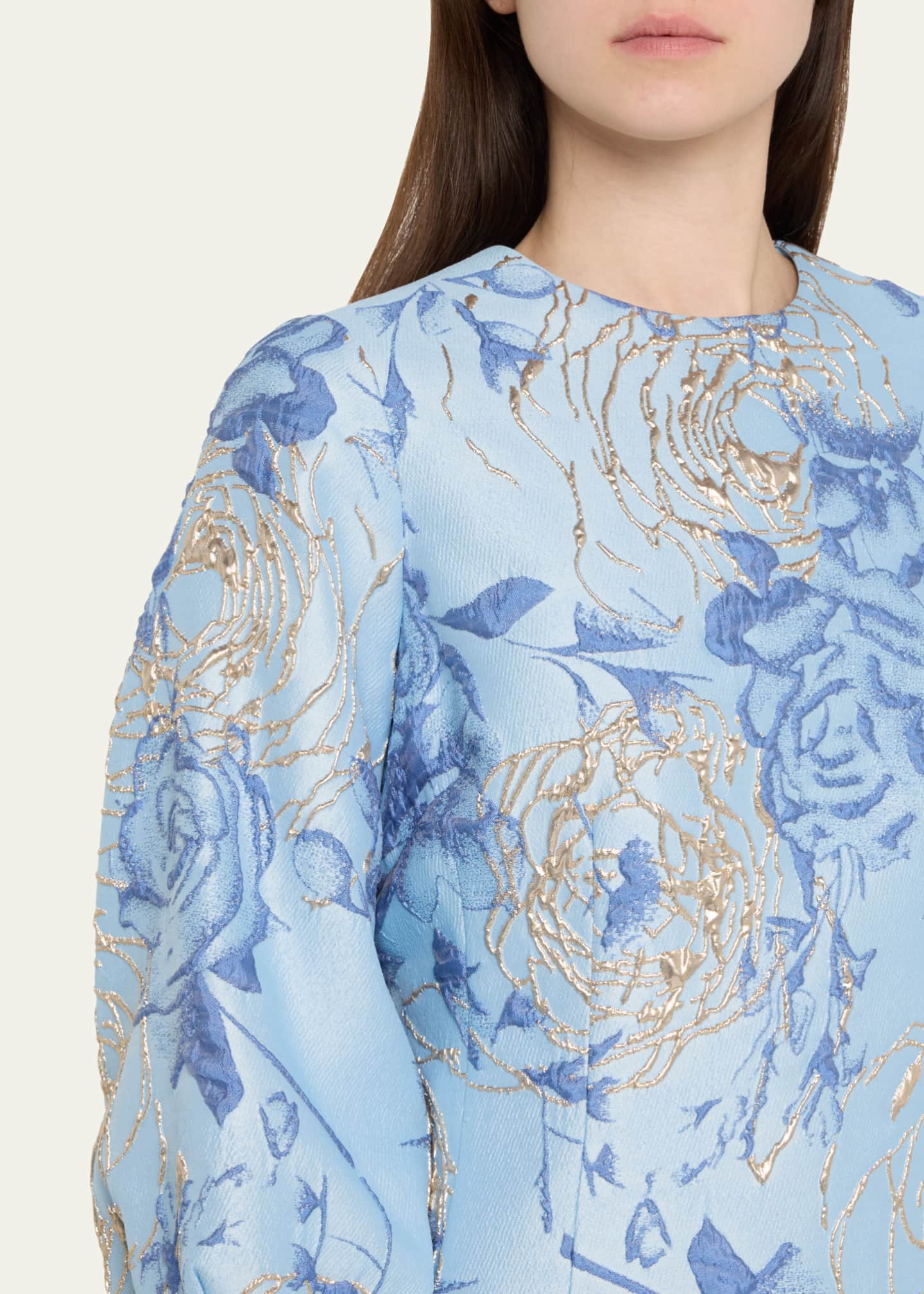 Rickie Freeman for Teri Jon Puff-Sleeve Metallic Floral Jacquard Dress Image 5 of 5