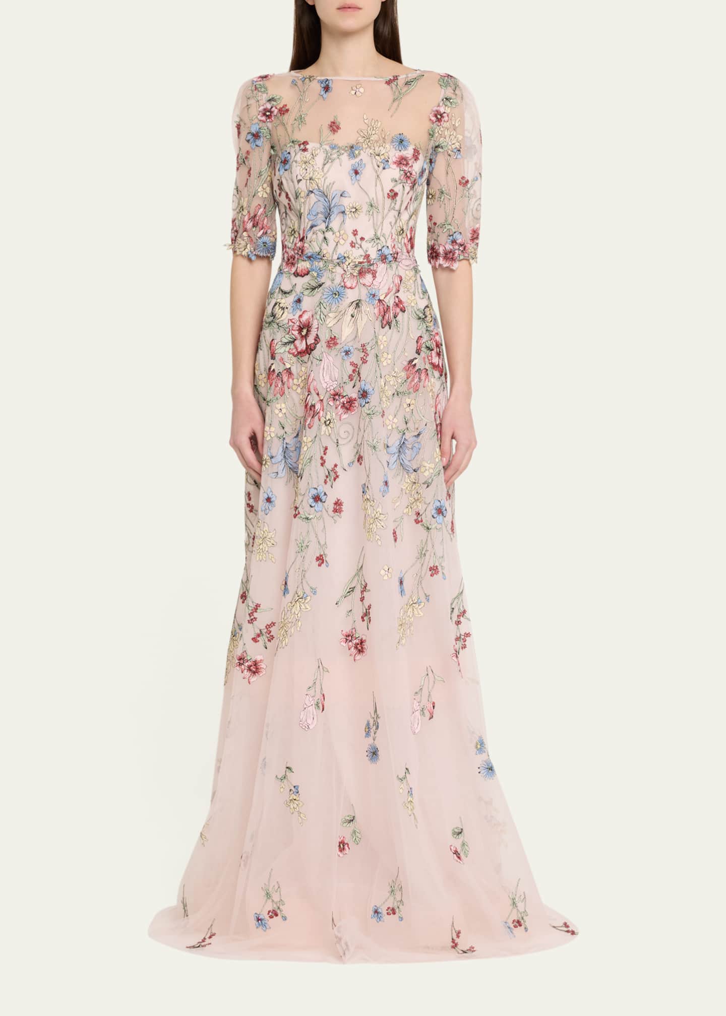 Rickie Freeman for Teri Jon Floral-Embroidered Illusion Tulle Gown Image 2 of 5