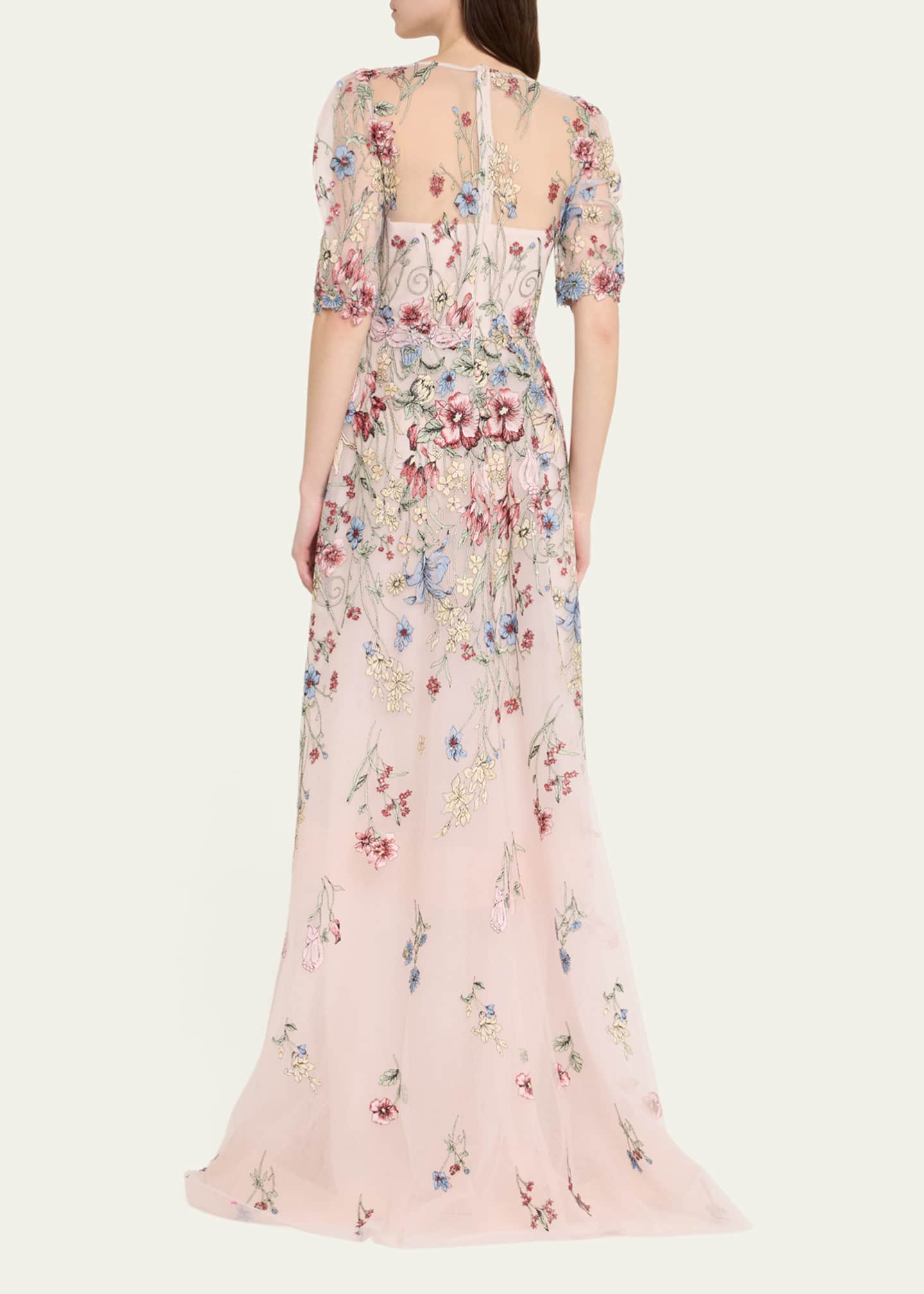Rickie Freeman for Teri Jon Floral-Embroidered Illusion Tulle Gown Image 3 of 5