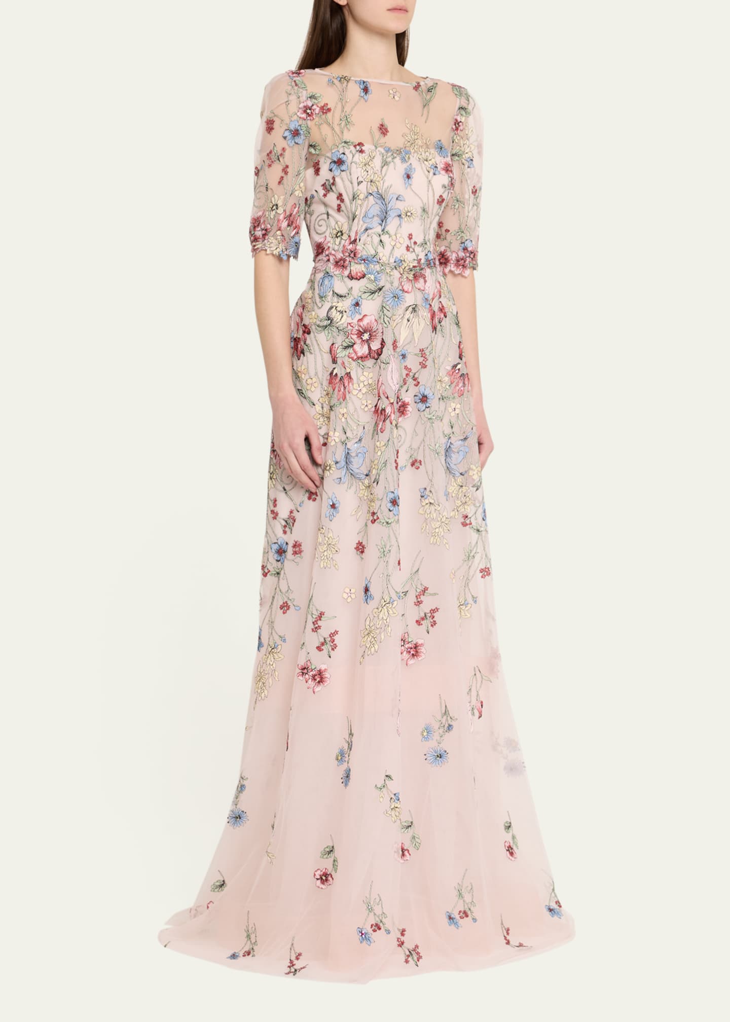 Rickie Freeman for Teri Jon Floral-Embroidered Illusion Tulle Gown Image 4 of 5