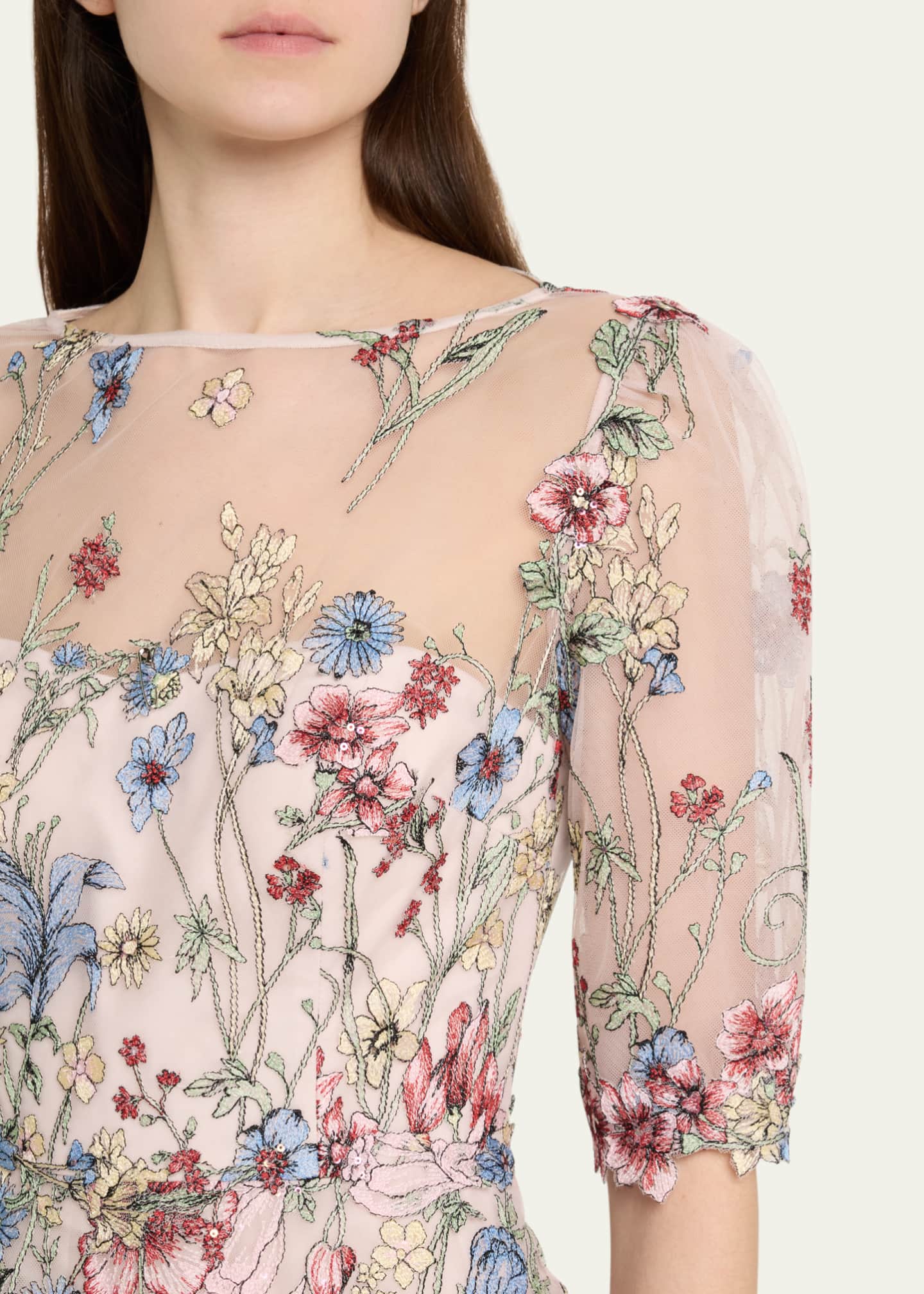Rickie Freeman for Teri Jon Floral-Embroidered Illusion Tulle Gown Image 5 of 5