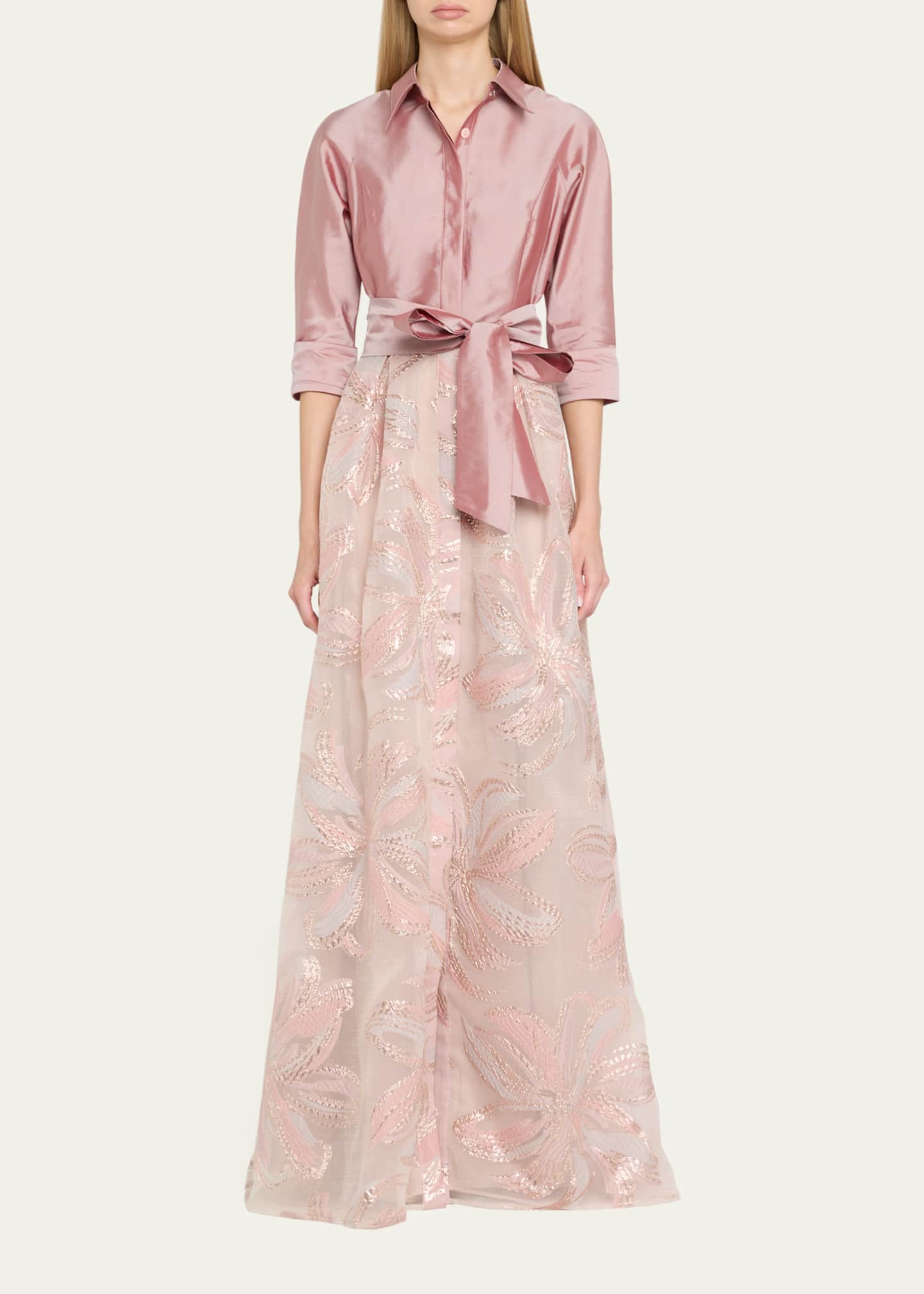 Rickie Freeman for Teri Jon Taffeta & Floral Jacquard Shirt Gown Image 2 of 5