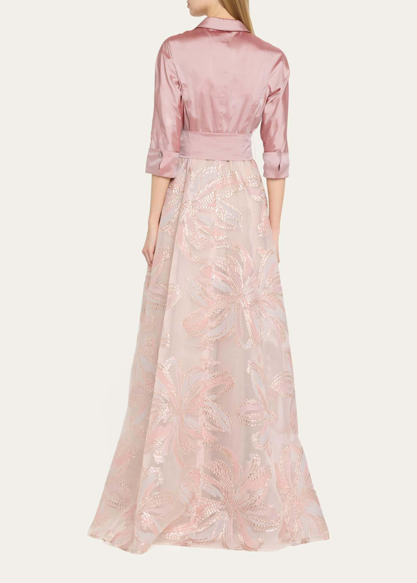 Rickie Freeman for Teri Jon Taffeta & Floral Jacquard Shirt Gown Image 3 of 5