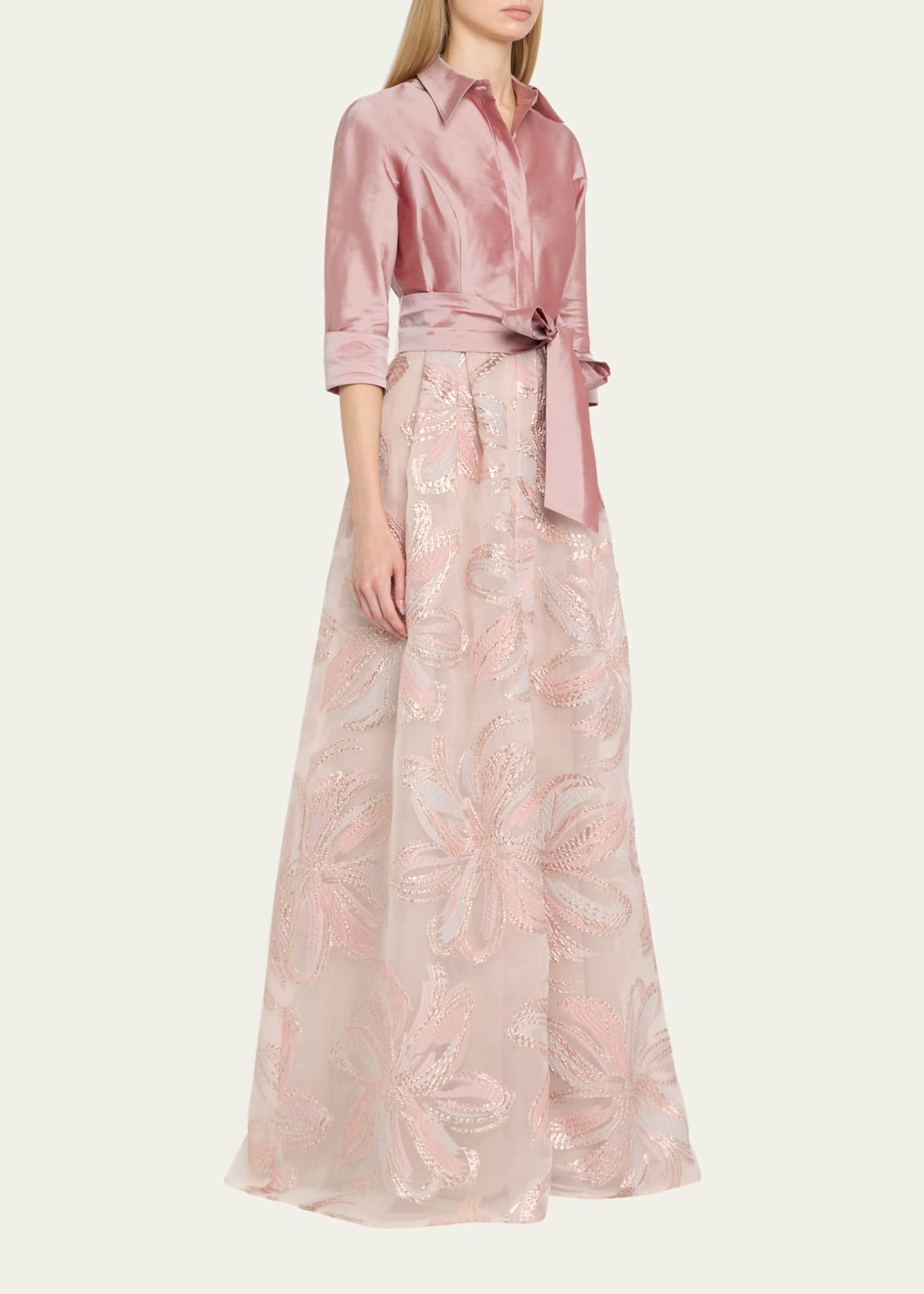 Rickie Freeman for Teri Jon Taffeta & Floral Jacquard Shirt Gown Image 4 of 5