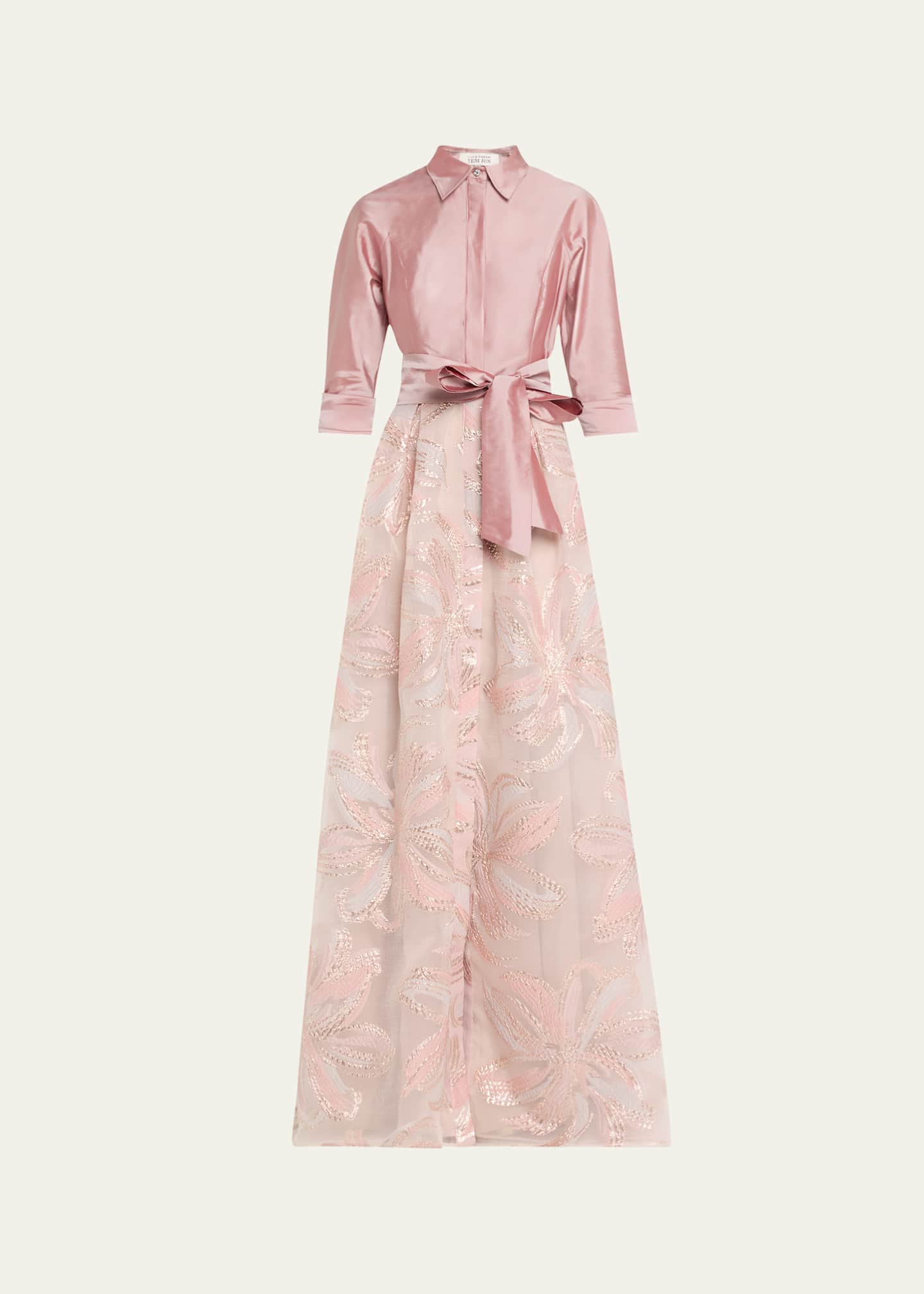 Rickie Freeman for Teri Jon Taffeta & Floral Jacquard Shirt Gown Image 1 of 5