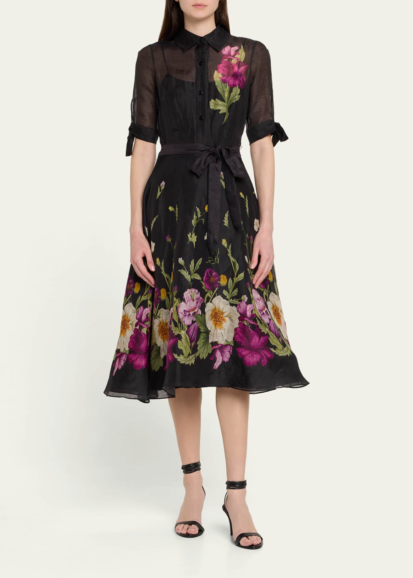 Rickie Freeman for Teri Jon Floral-Print Silken Linen Midi Shirtdress Image 2 of 5
