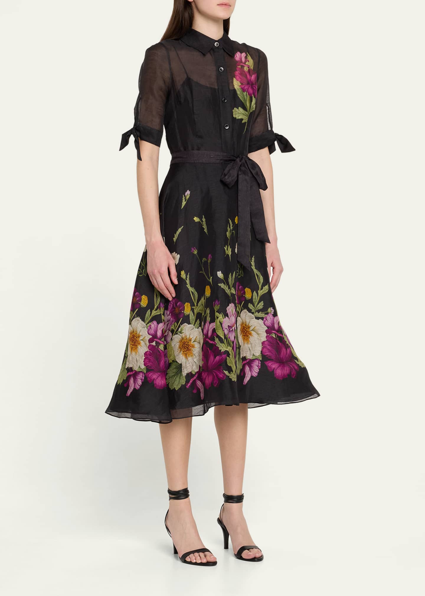 Rickie Freeman for Teri Jon Floral-Print Silken Linen Midi Shirtdress Image 4 of 5