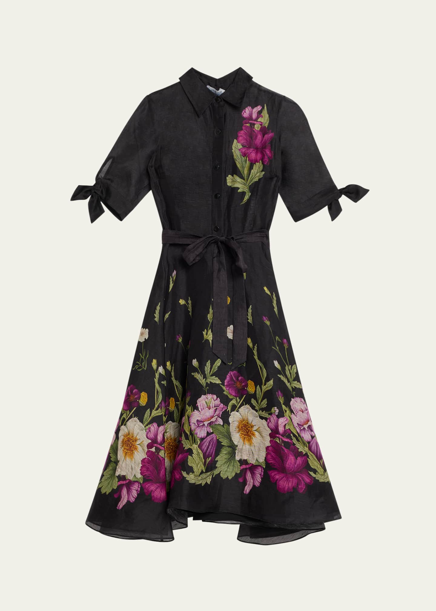 Rickie Freeman for Teri Jon Floral-Print Silken Linen Midi Shirtdress Image 1 of 5