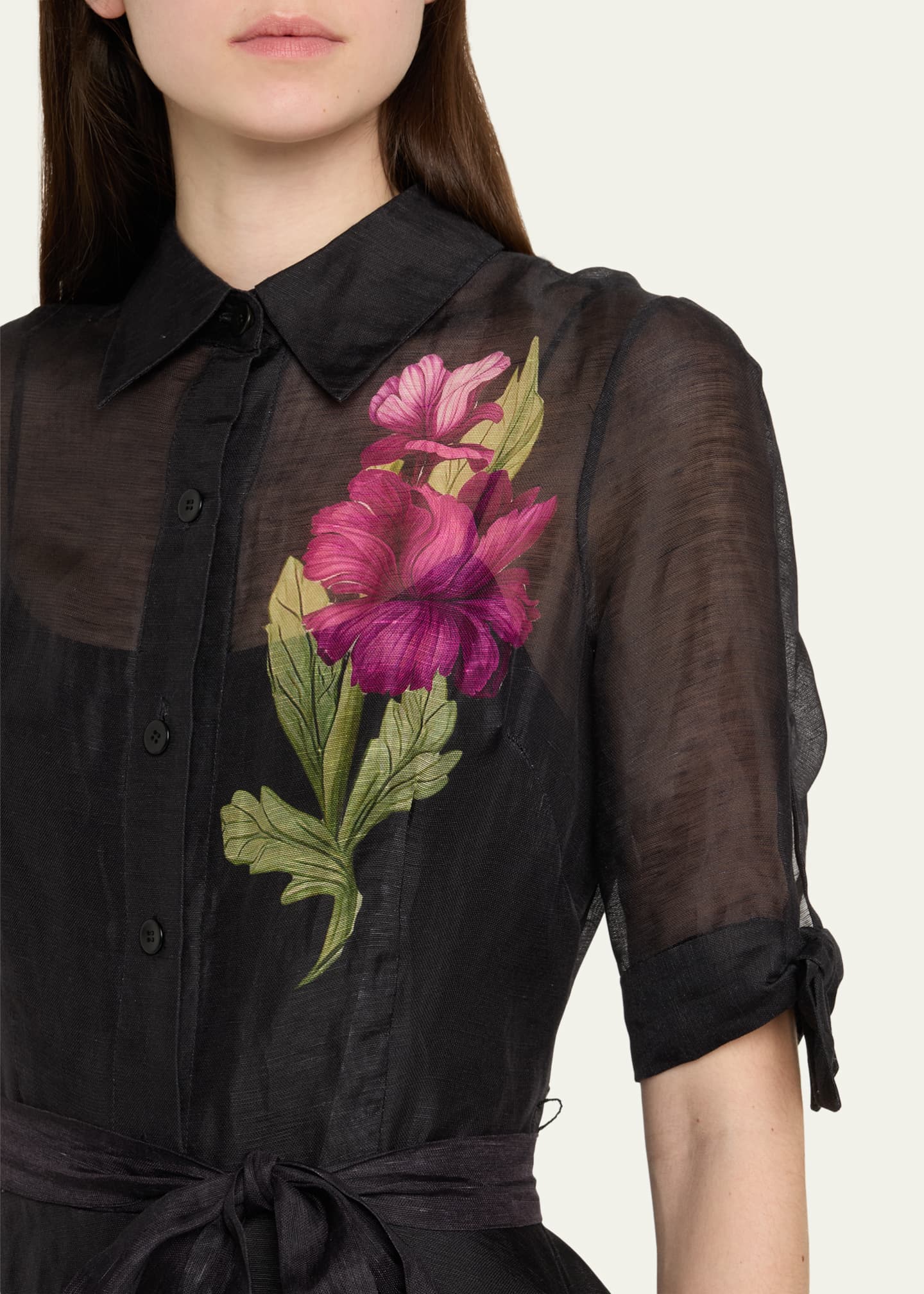 Rickie Freeman for Teri Jon Floral-Print Silken Linen Midi Shirtdress Image 5 of 5