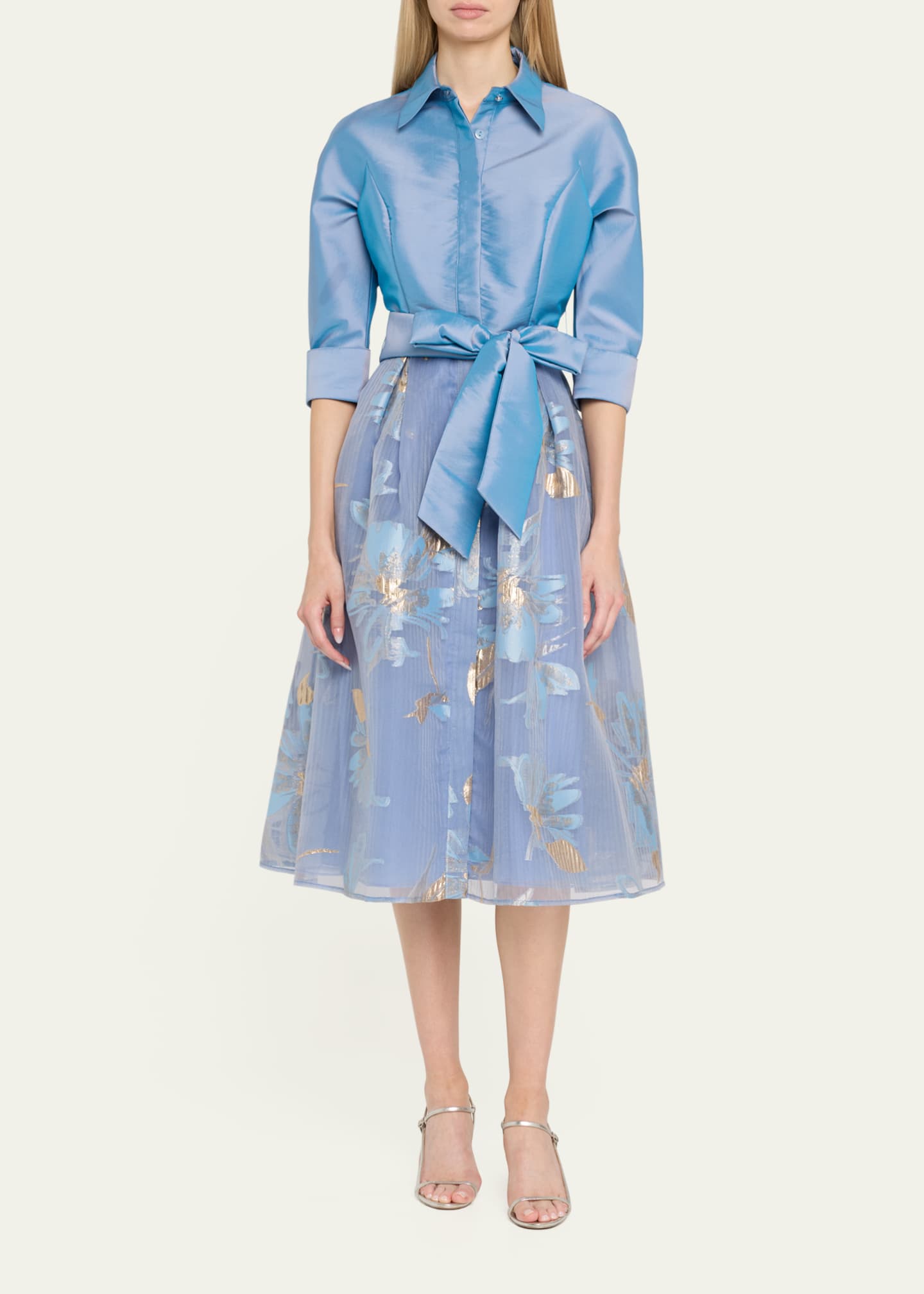Rickie Freeman for Teri Jon Taffeta & Floral Organza Midi Shirtdress Image 2 of 5