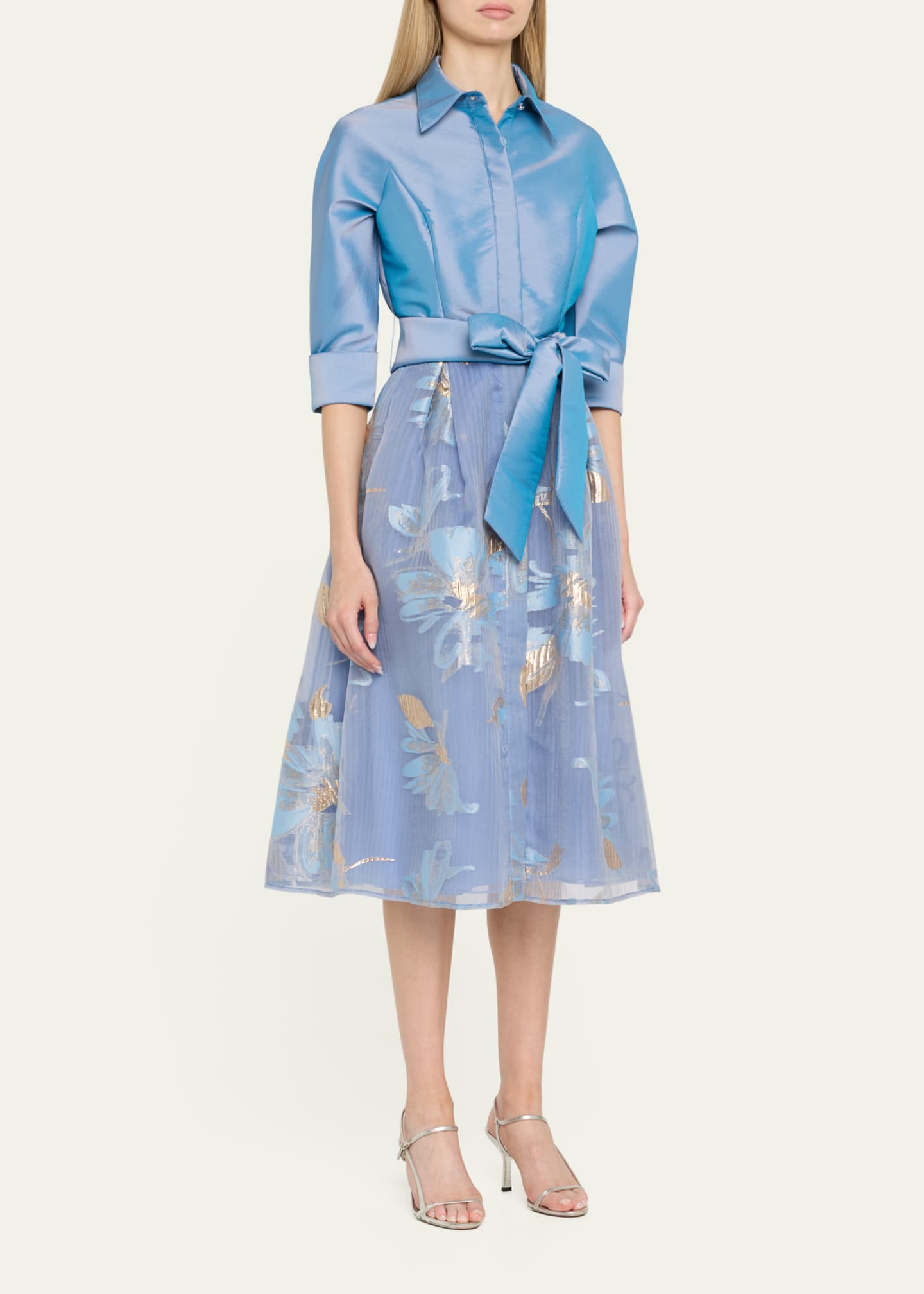 Rickie Freeman for Teri Jon Taffeta & Floral Organza Midi Shirtdress Image 4 of 5