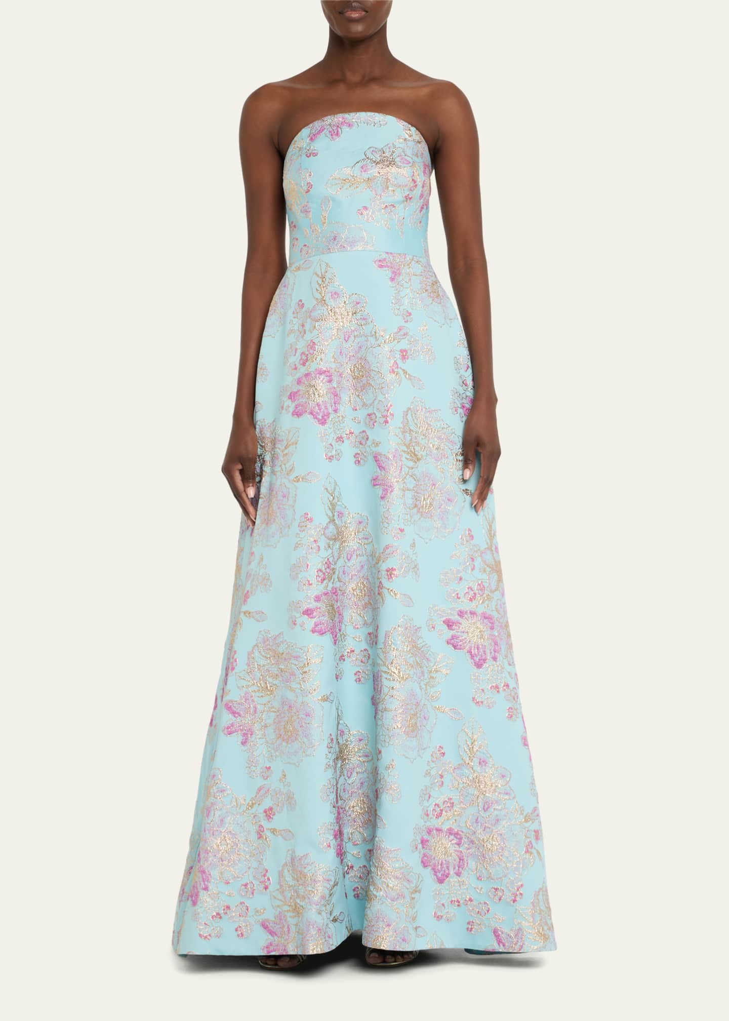 Strapless Metallic Floral Jacquard Gown