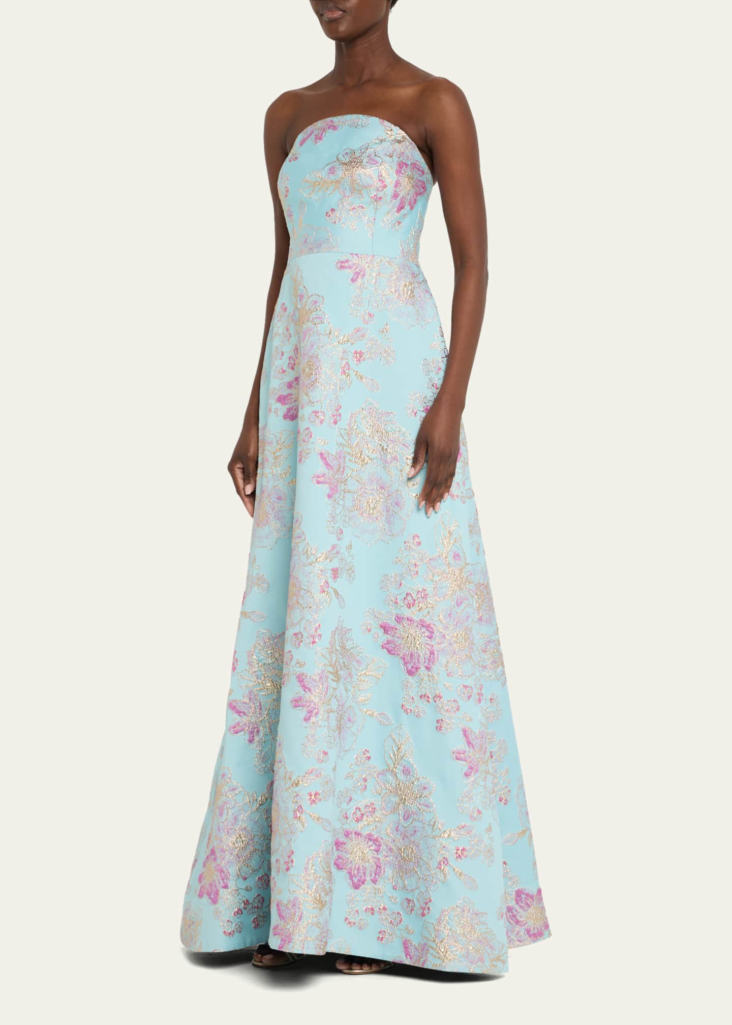 Strapless Metallic Floral Jacquard Gown