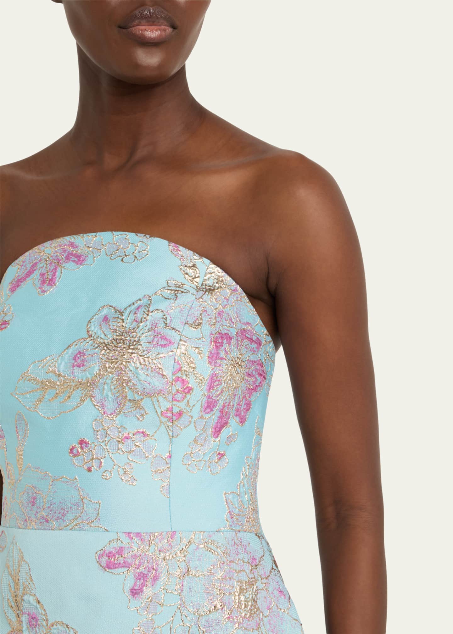 Strapless Metallic Floral Jacquard Gown