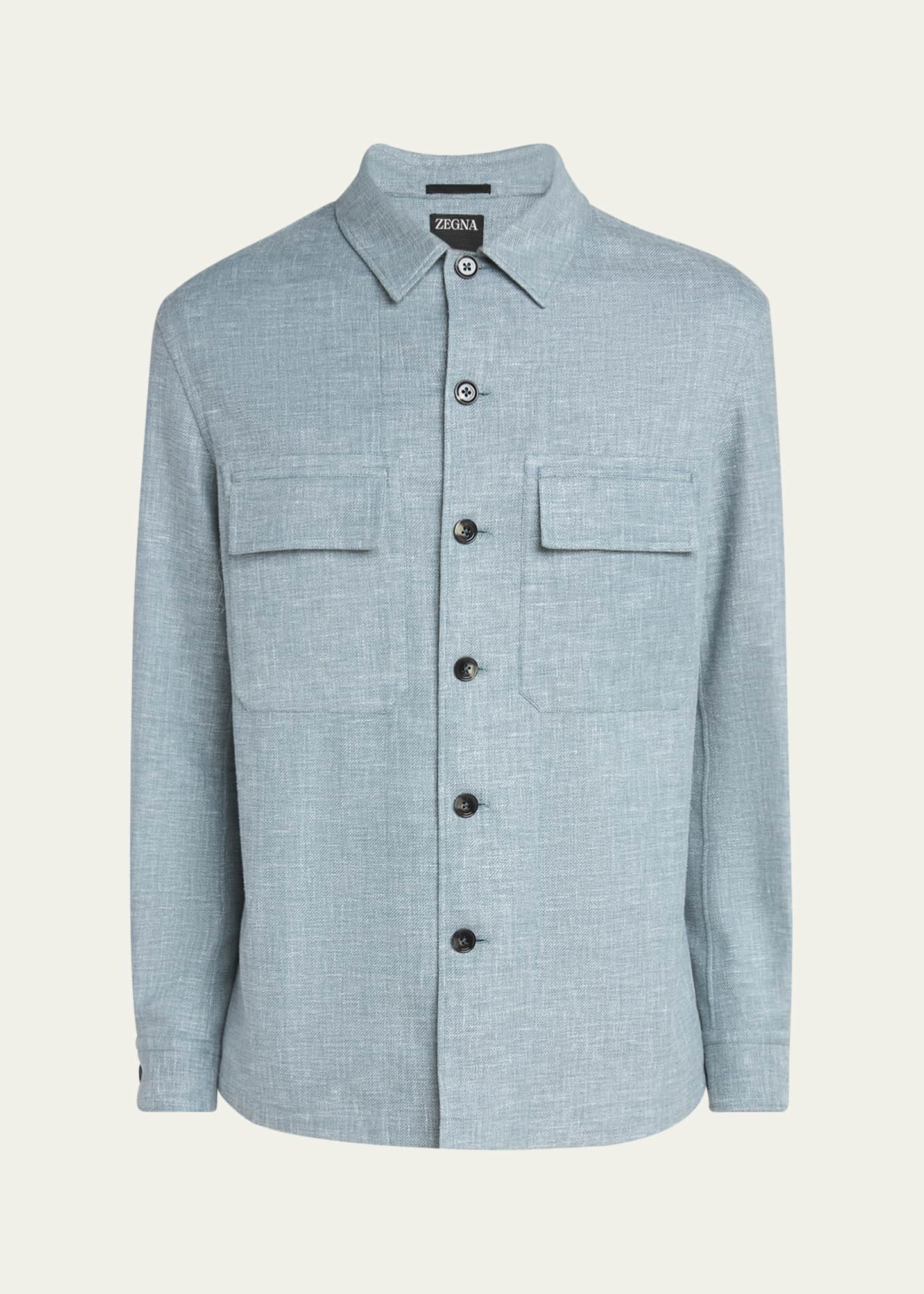 Men's Heathered Linen-Blend Overshirt - Thumbnail 1