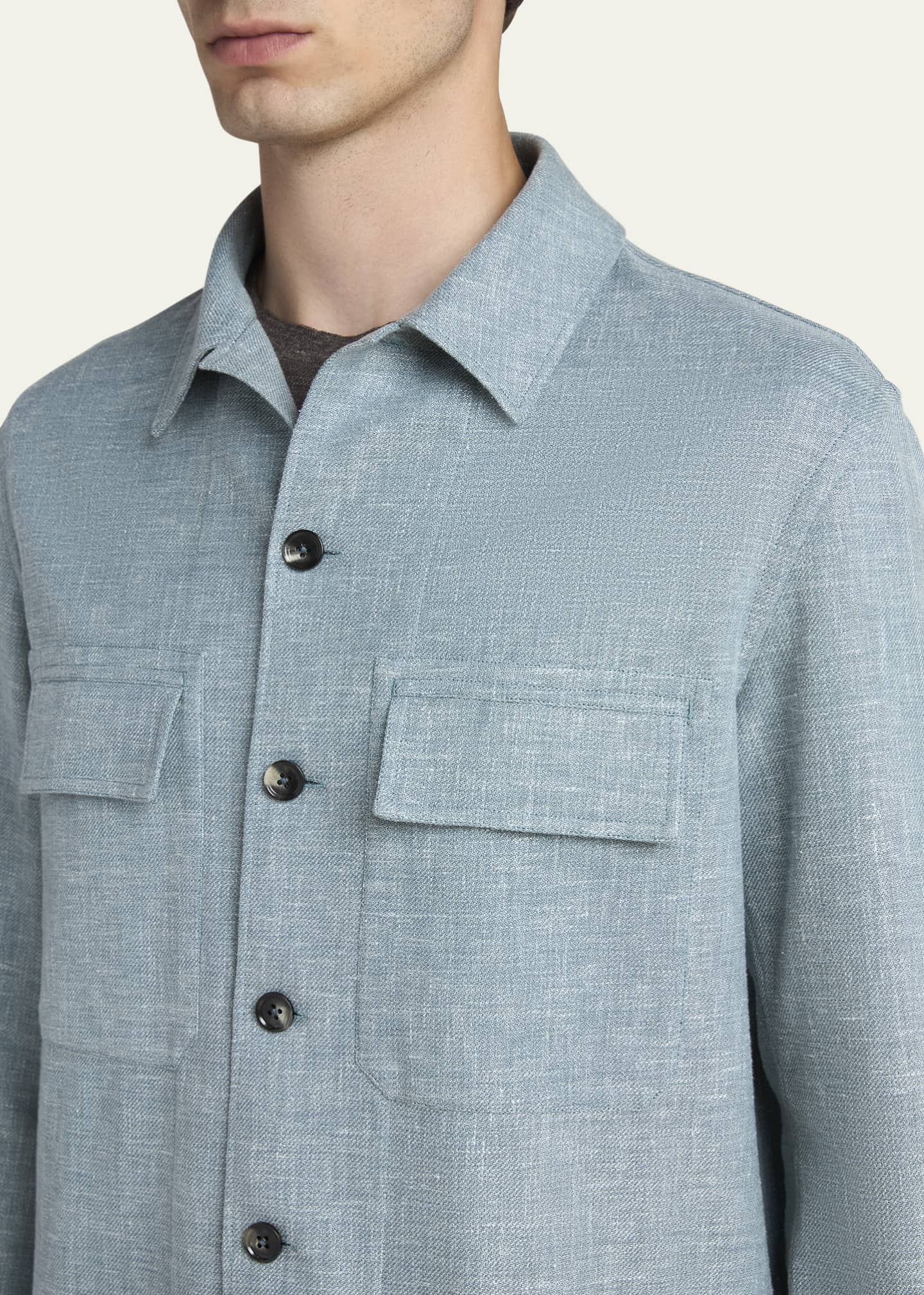 Men's Heathered Linen-Blend Overshirt - Thumbnail 5