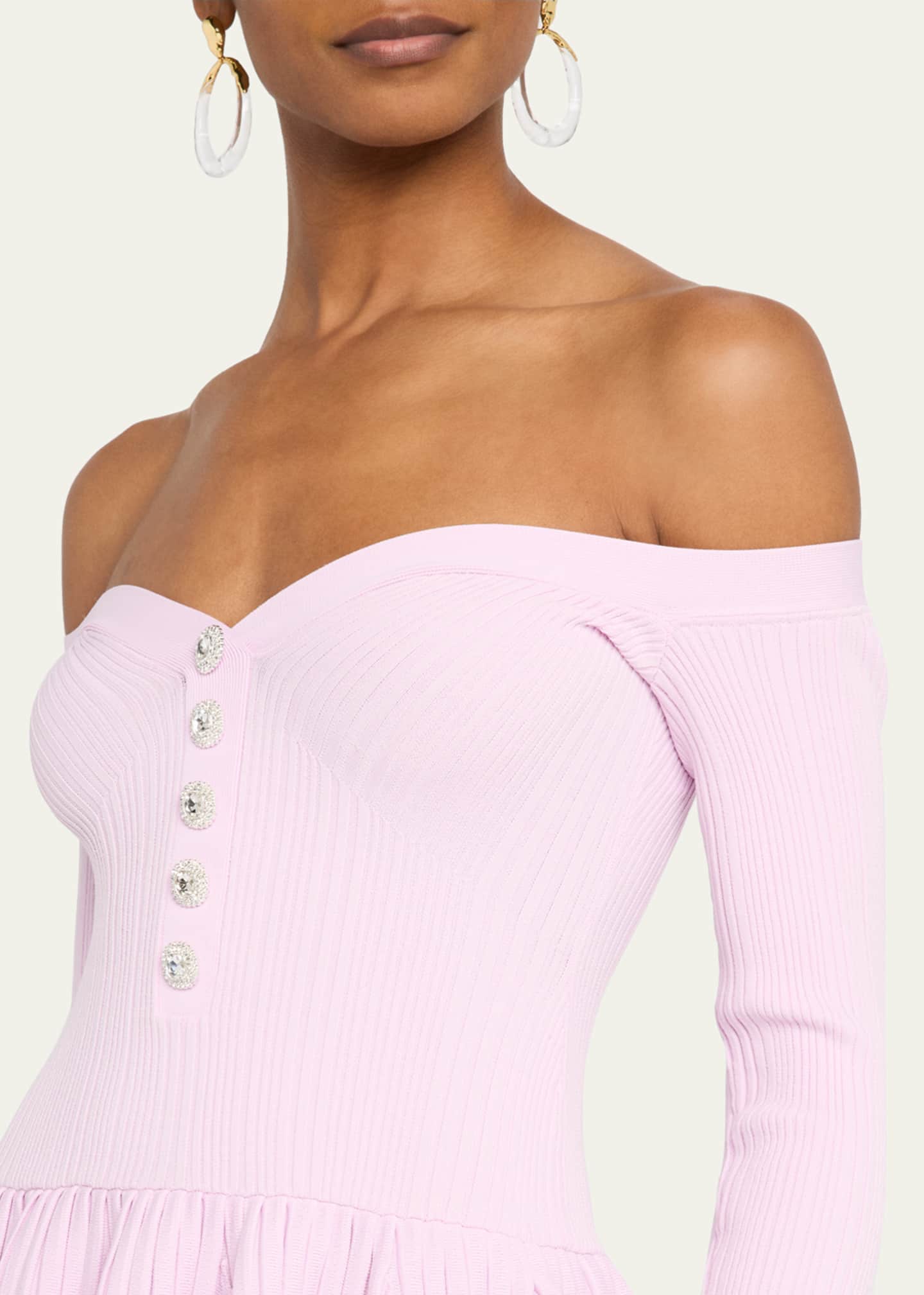 ワンピース SELF PORTRAIT PINK RIBBED KNIT OFF SHOULDER MINI DRESS Self-Portrait Off-Shoulder Ribbed Knit Mini Dress - Bergdorf