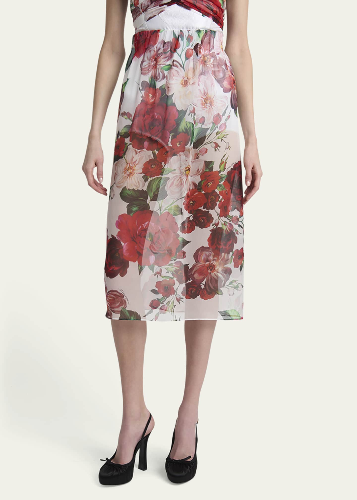 Dolce&Gabbana Bouquet Rose Chiffon Sheer Midi Skirt