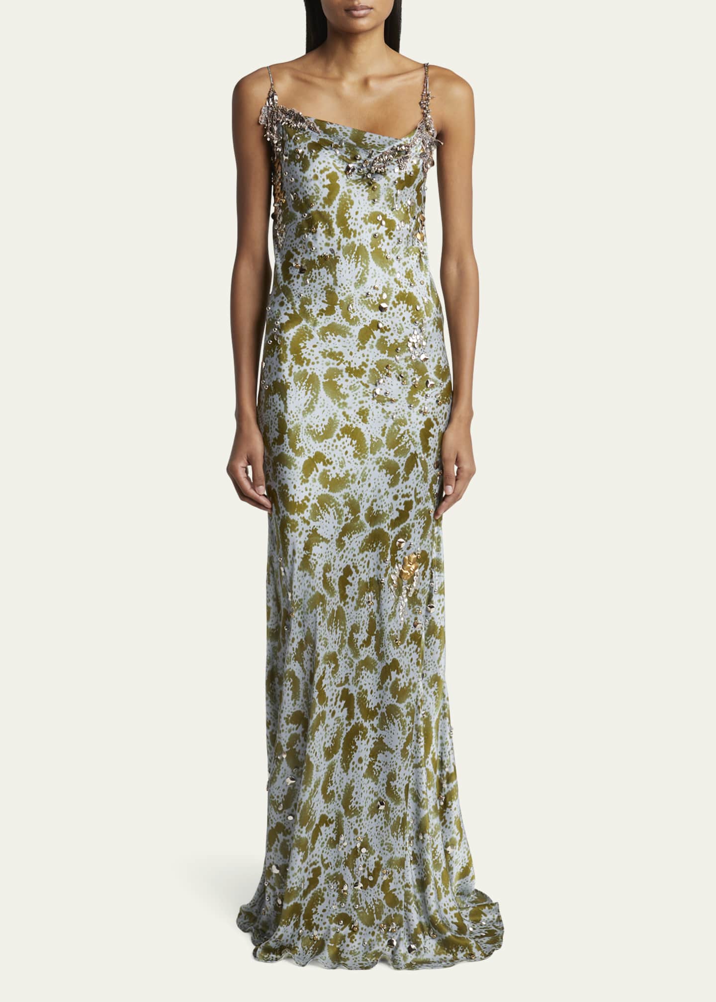 Dries Van Noten Deryl Cowl-Neck Long Studded Silk Dress Image 2 of 5