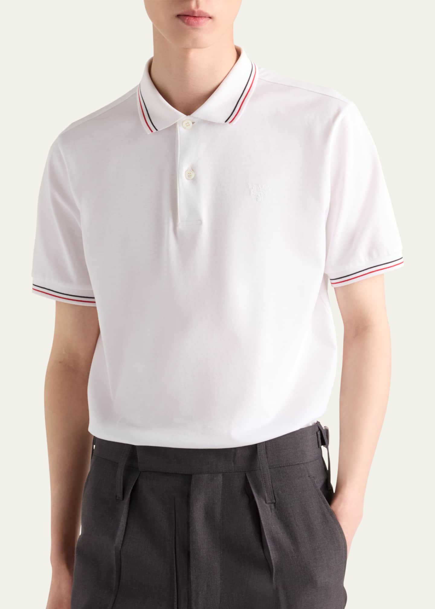 Prada Men's Ricamo Tipped Pique Polo Shirt Image 4 of 4