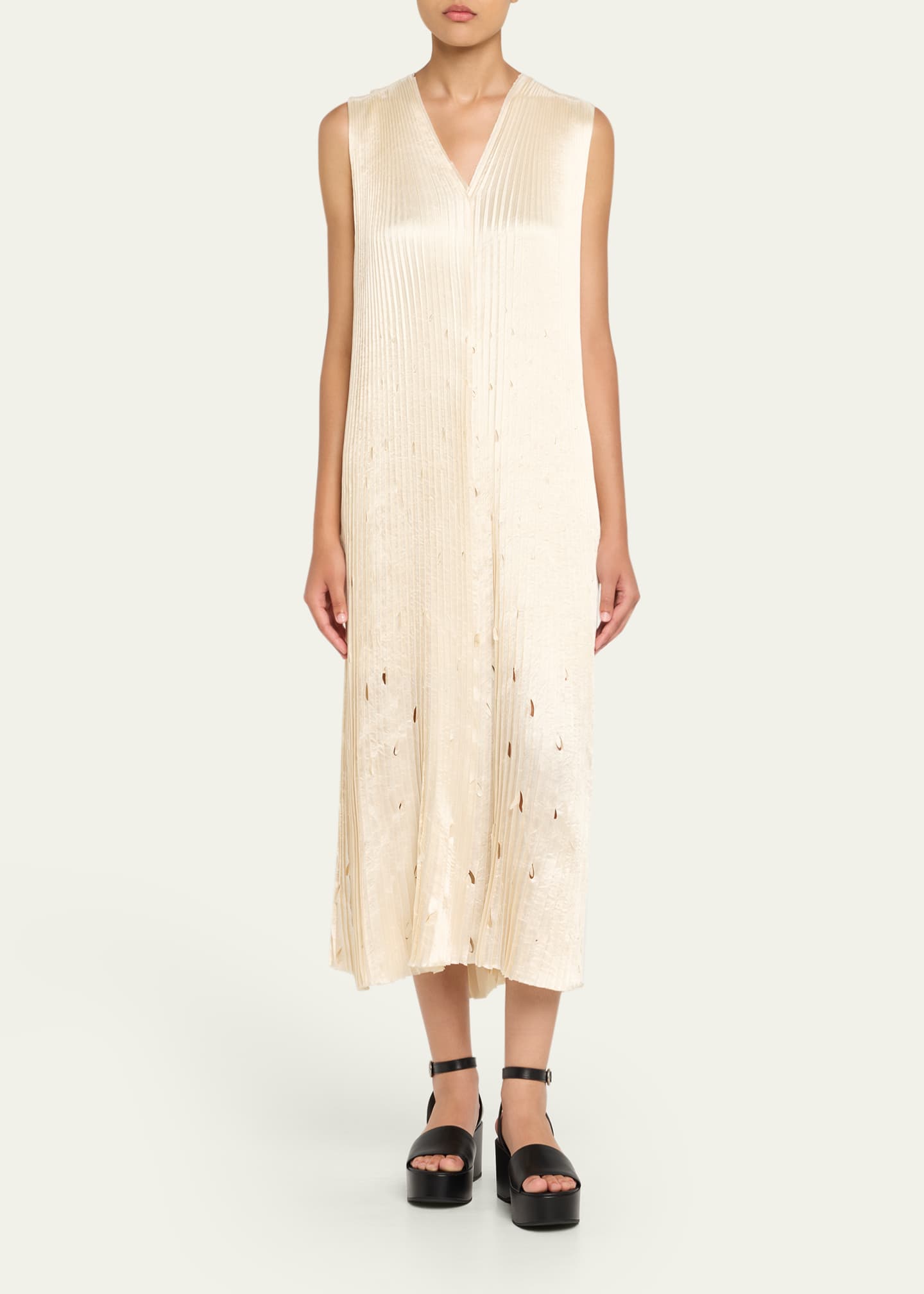 Pleated Satin Laser-Cut Trapeze Dress - Thumbnail 2