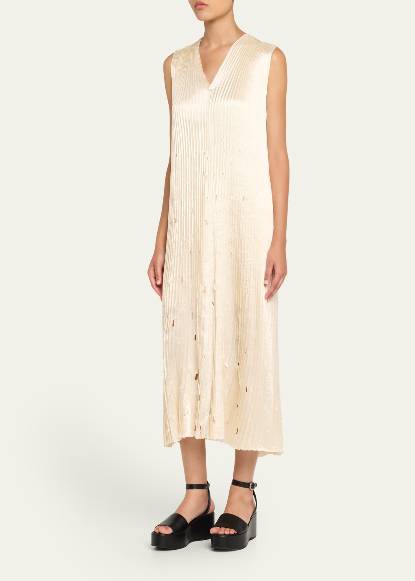Pleated Satin Laser-Cut Trapeze Dress - Thumbnail 4