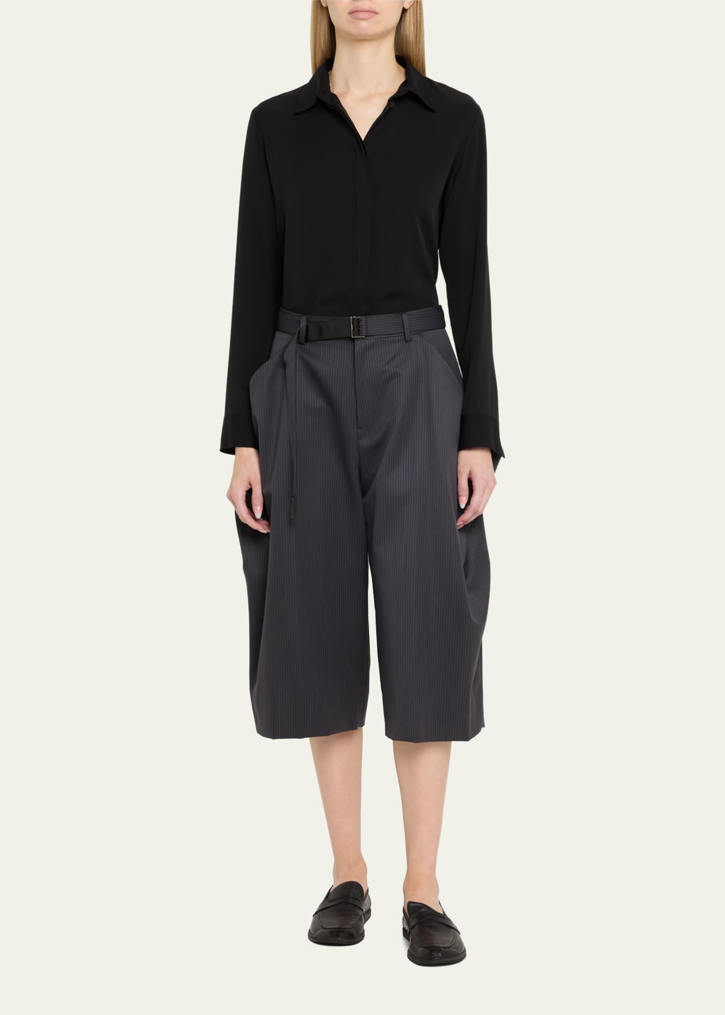 Pinstripe Wide Cropped Wool Trousers - Thumbnail 2