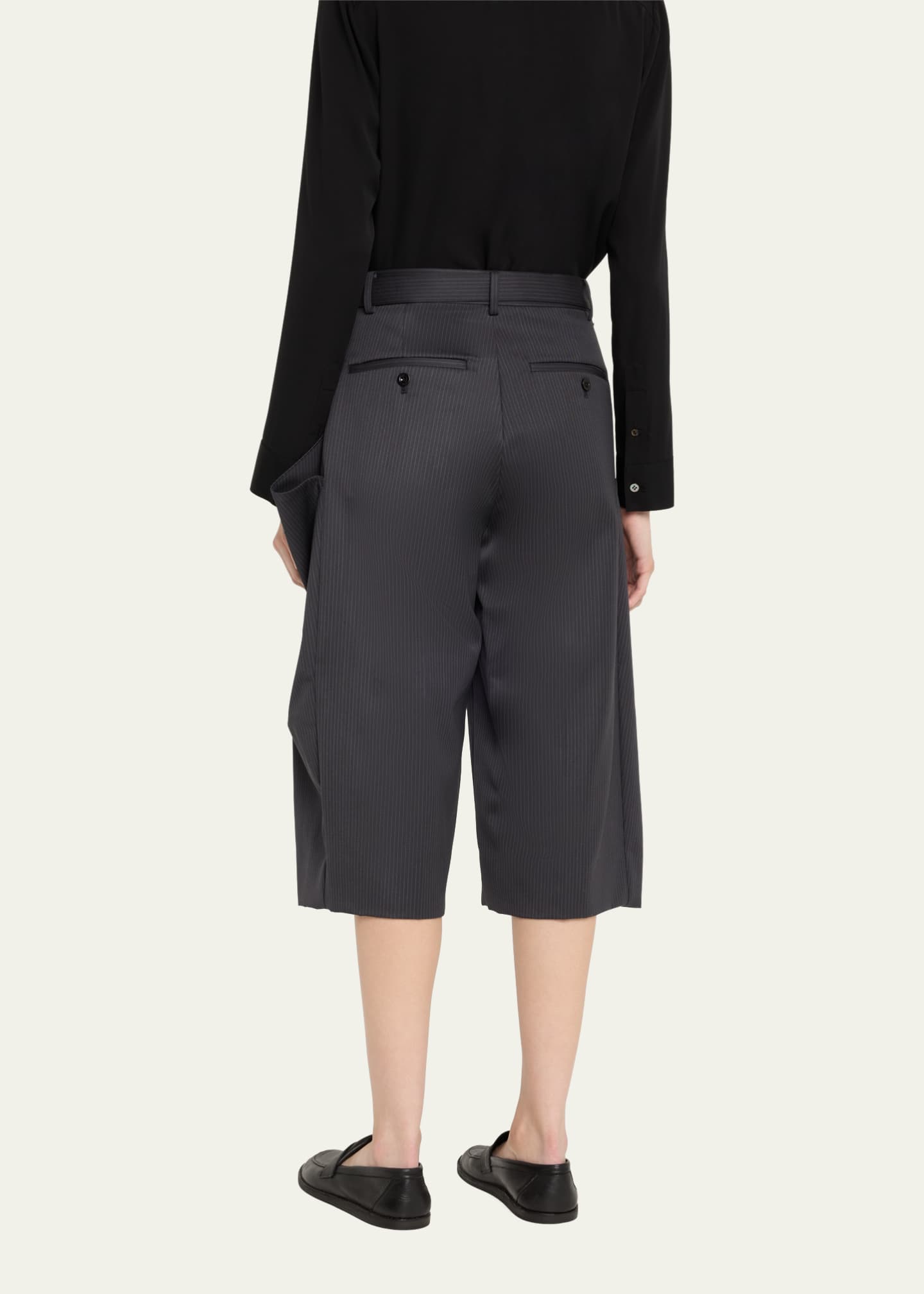Pinstripe Wide Cropped Wool Trousers - Thumbnail 3