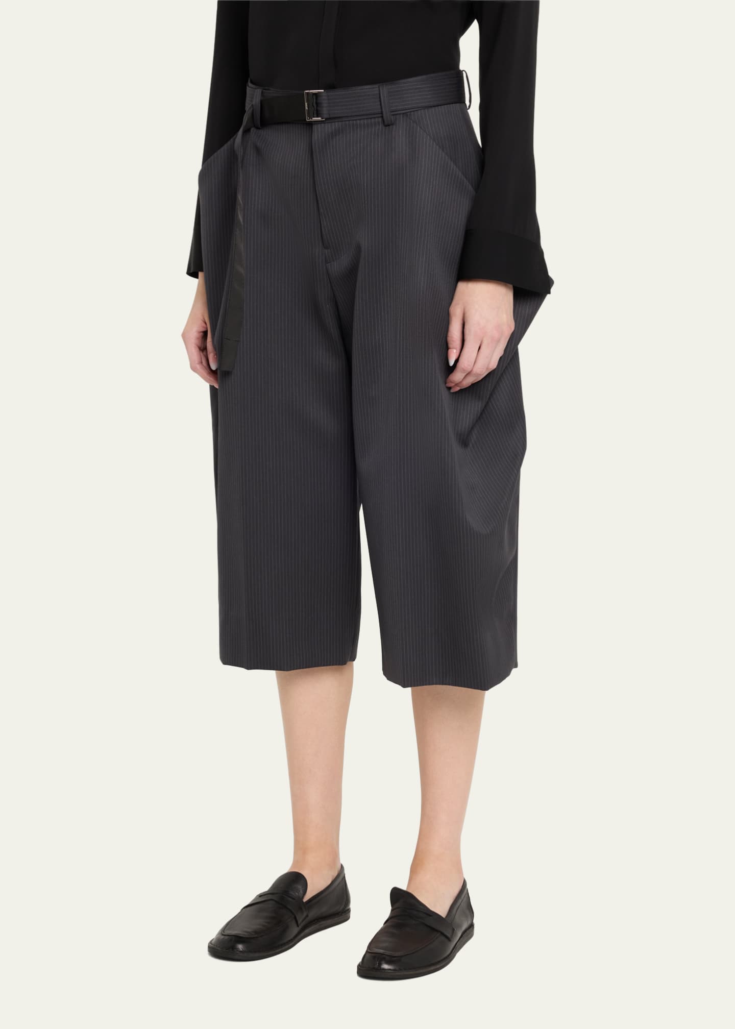 Pinstripe Wide Cropped Wool Trousers - Thumbnail 4