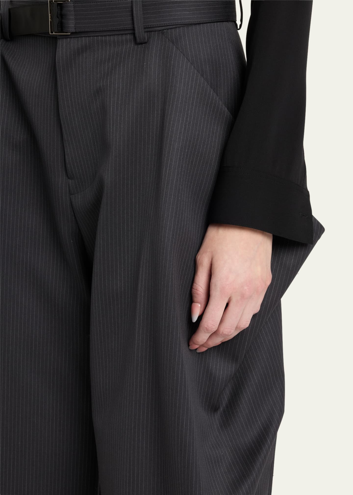 Pinstripe Wide Cropped Wool Trousers - Thumbnail 5