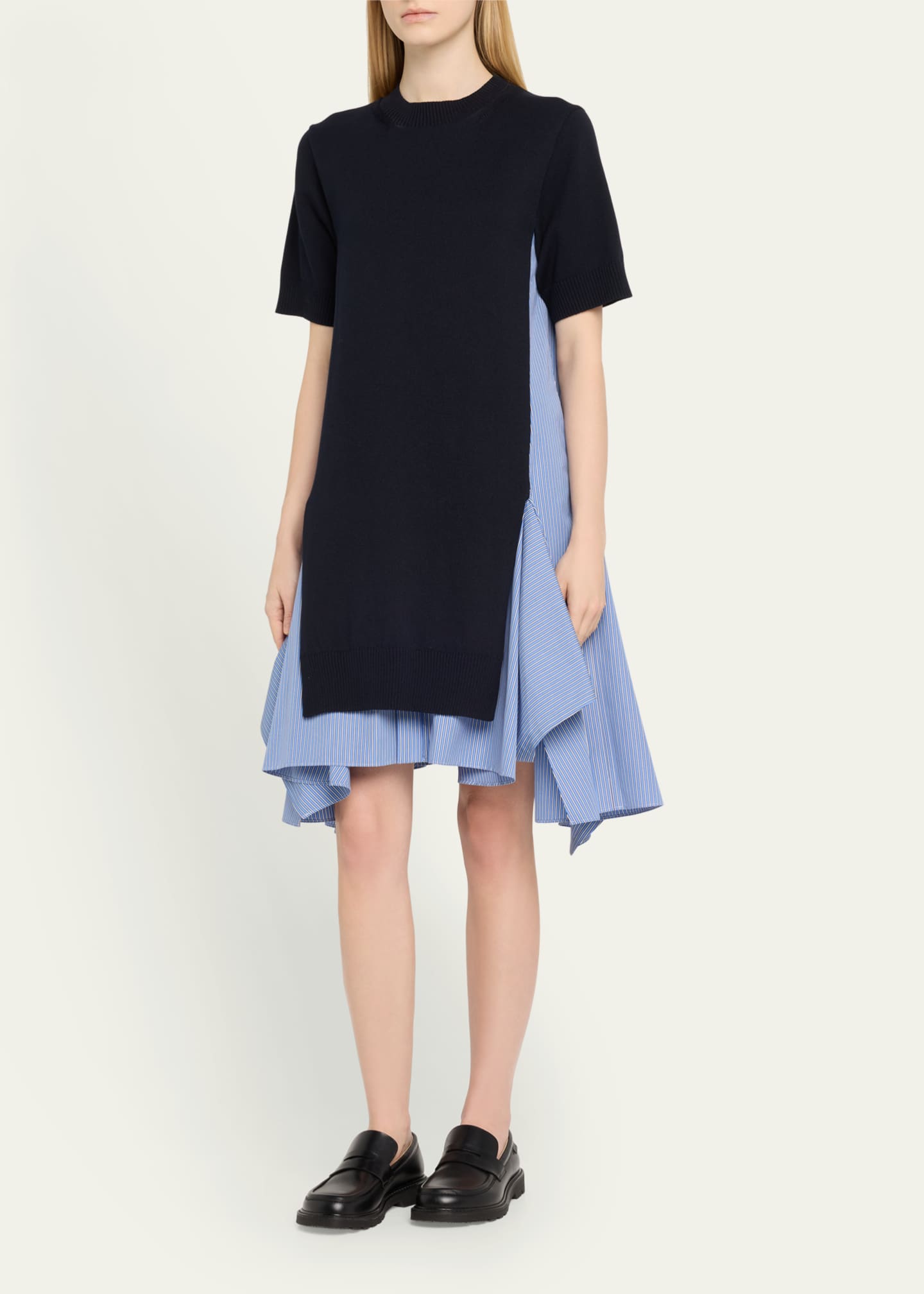 SACAI Mixed-Media Short-Sleeve Suiting Sweater Dress
