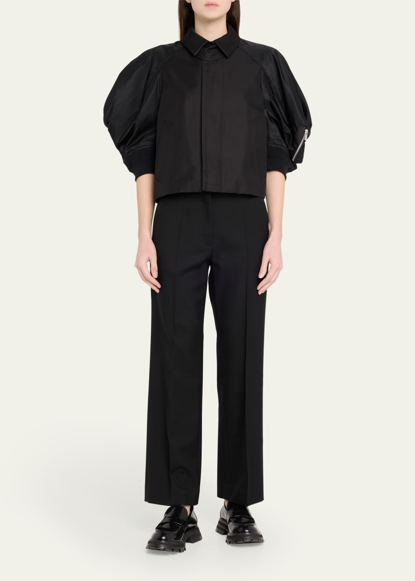 SACAI Mixed Media Three-Quarter Sleeve Gabardine Jacket