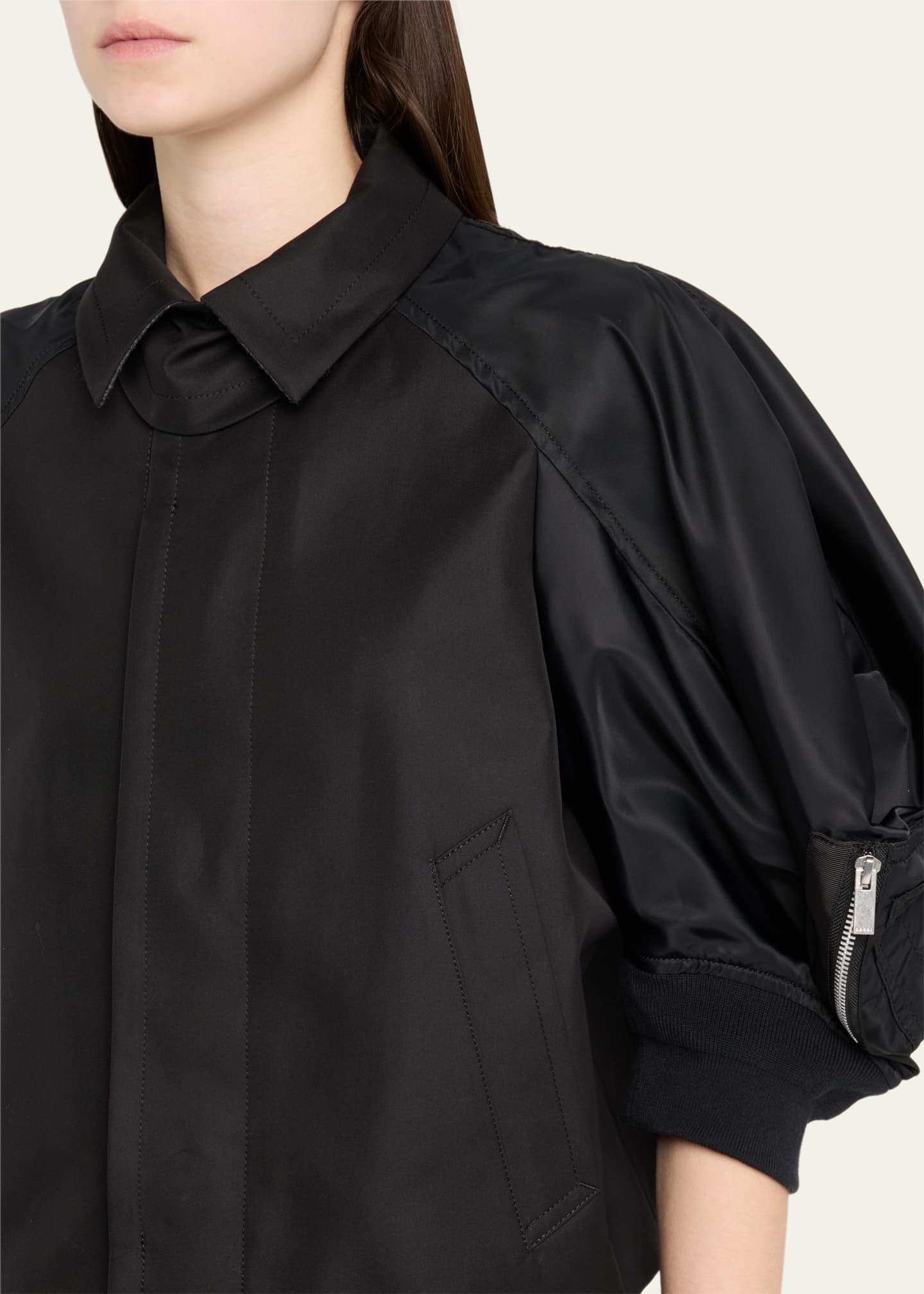 SACAI Mixed Media Three-Quarter Sleeve Gabardine Jacket