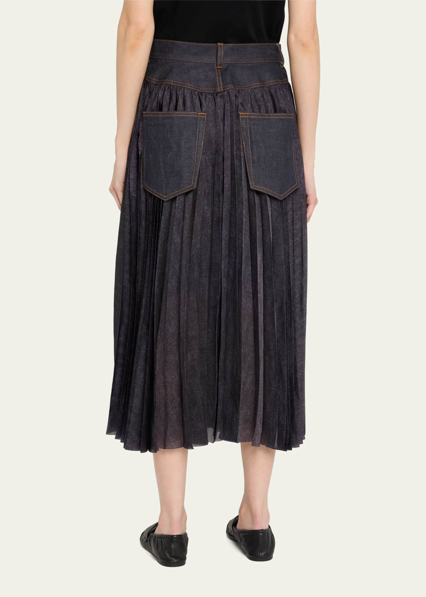 SACAI Pleated Denim Belted Midi Skirt Image 3 of 5