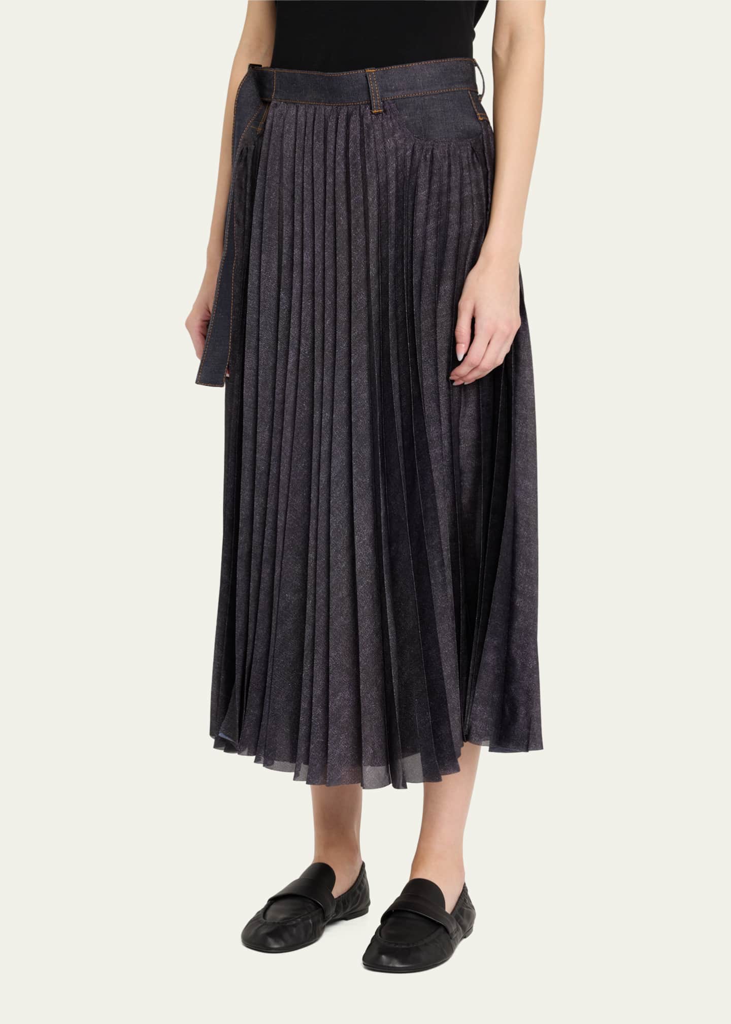 SACAI Pleated Denim Belted Midi Skirt Image 4 of 5