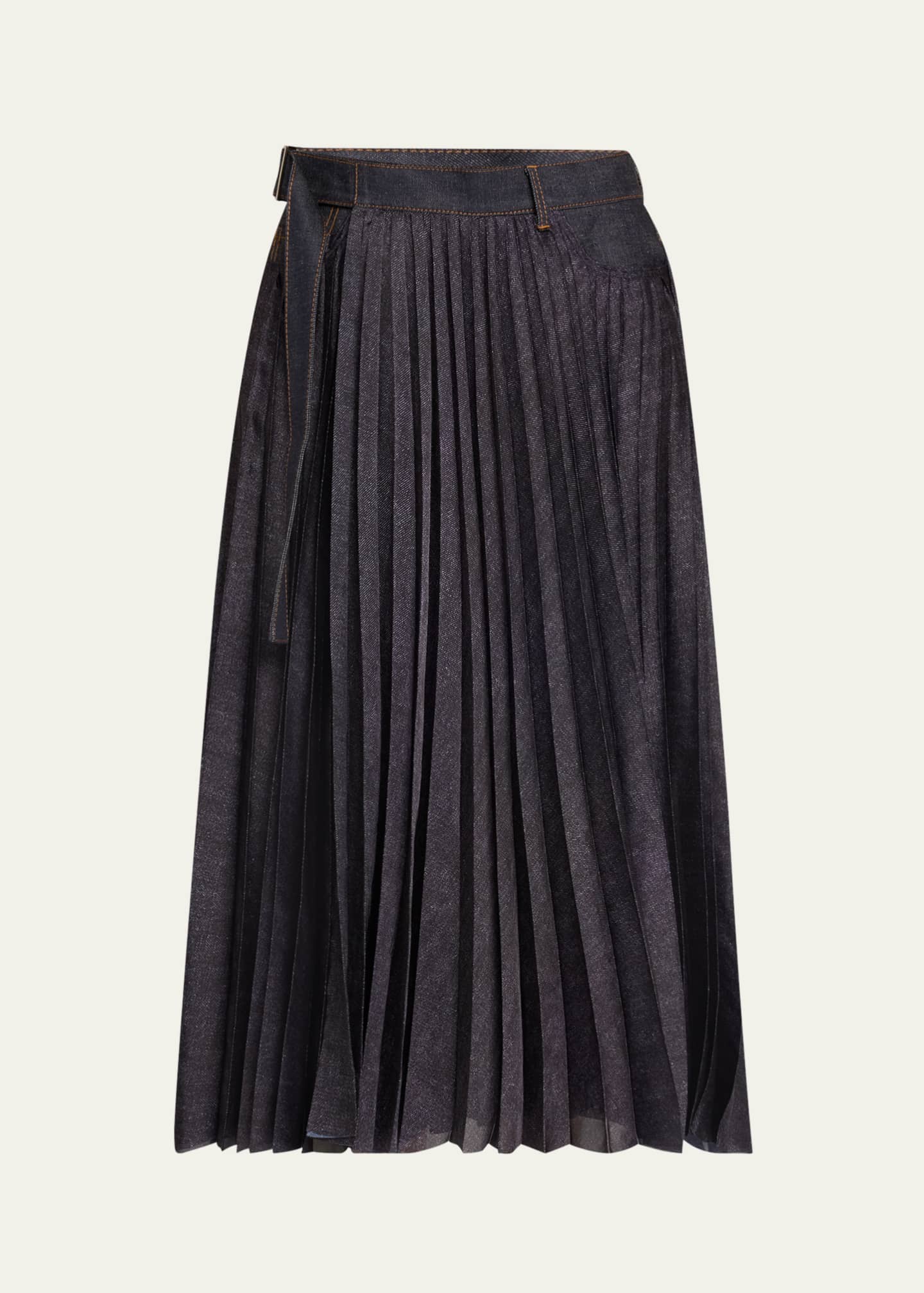 SACAI Pleated Denim Belted Midi Skirt Image 1 of 5