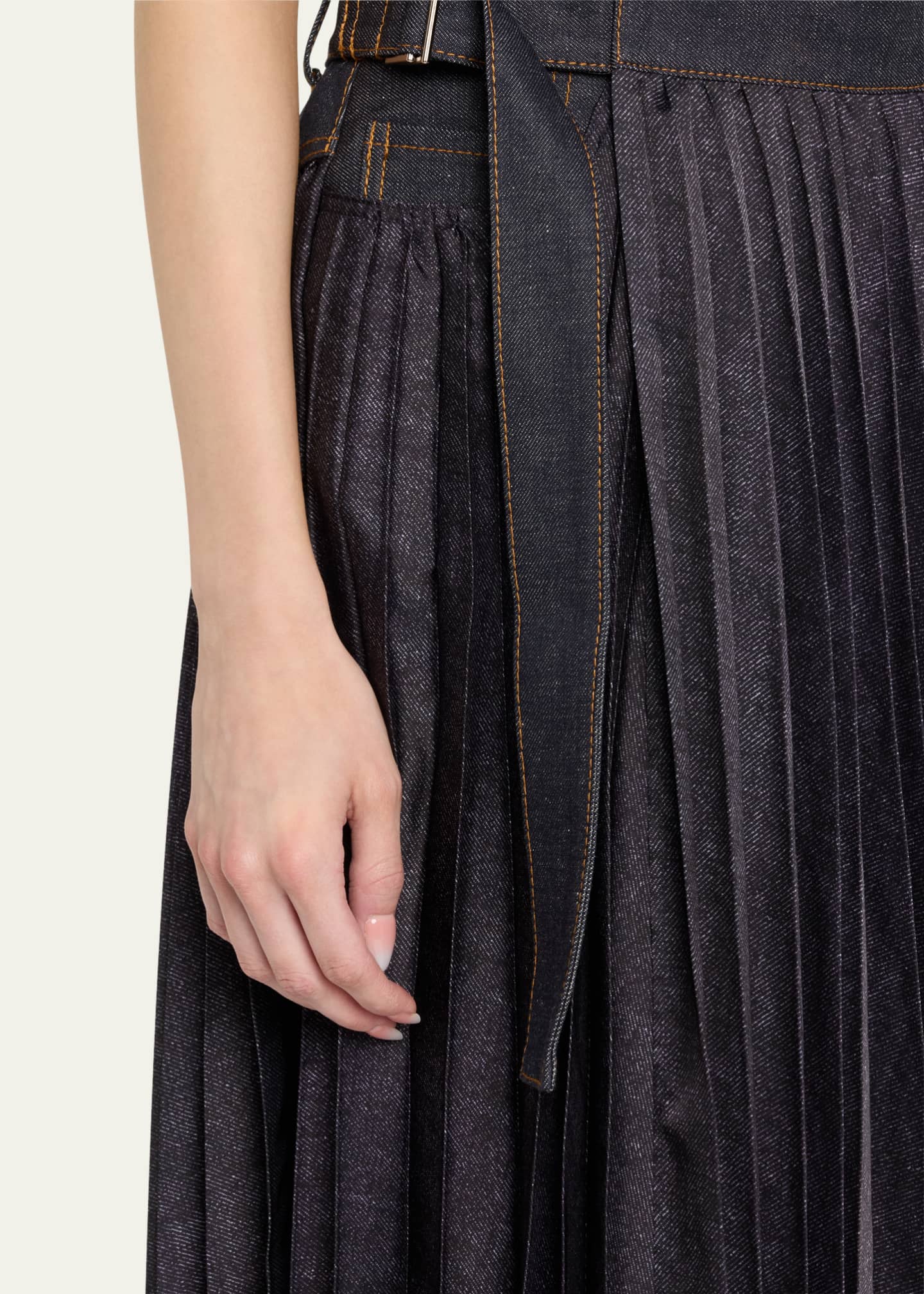 SACAI Pleated Denim Belted Midi Skirt Image 5 of 5