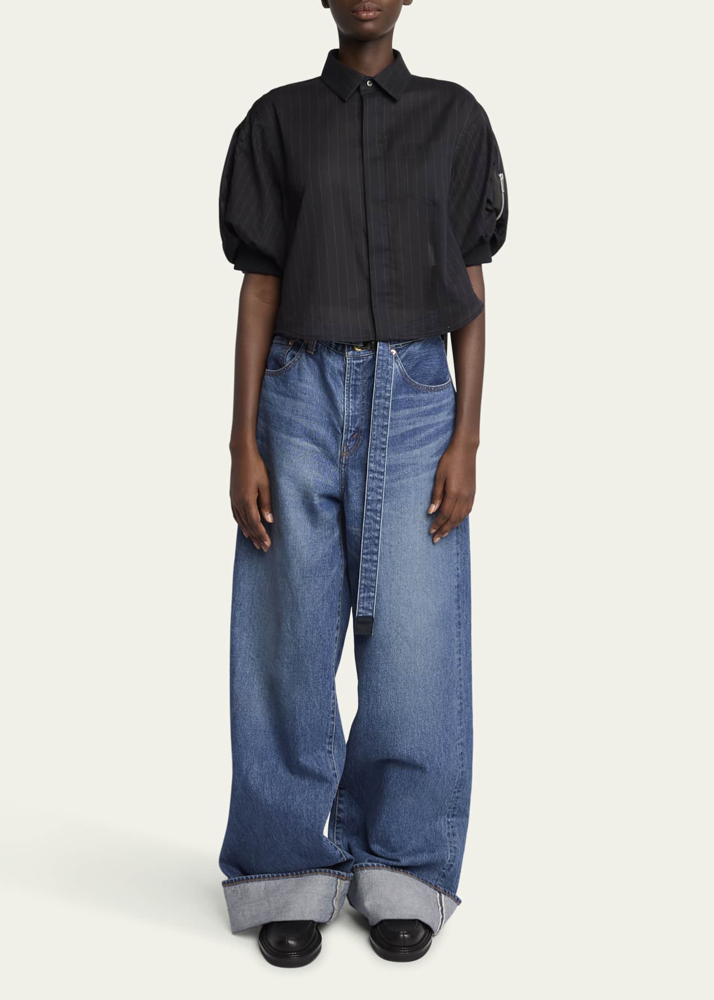 SACAI Hybrid Pinstripe Puff-Sleeve Blouse Image 2 of 5